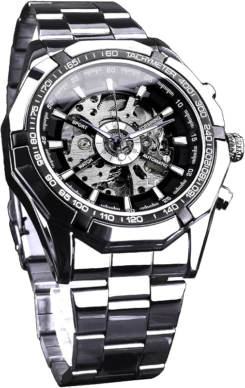 Men's Watch Self-Wind Skeleton Hollow Out Mechanical Automatic Luxury Watches, Blue Black Stainless Steel Band Waterproof Wristwatch