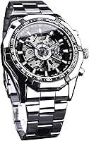 Relógio de pulso masculino com esqueleto de corda automática vazada e mecânica, pulseira de aço inoxidável azul e preto à prova d'água