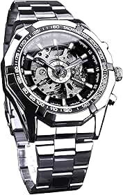Relógio de pulso masculino com esqueleto de corda automática vazada e mecânica, pulseira de aço inoxidável azul e preto à prova d'água