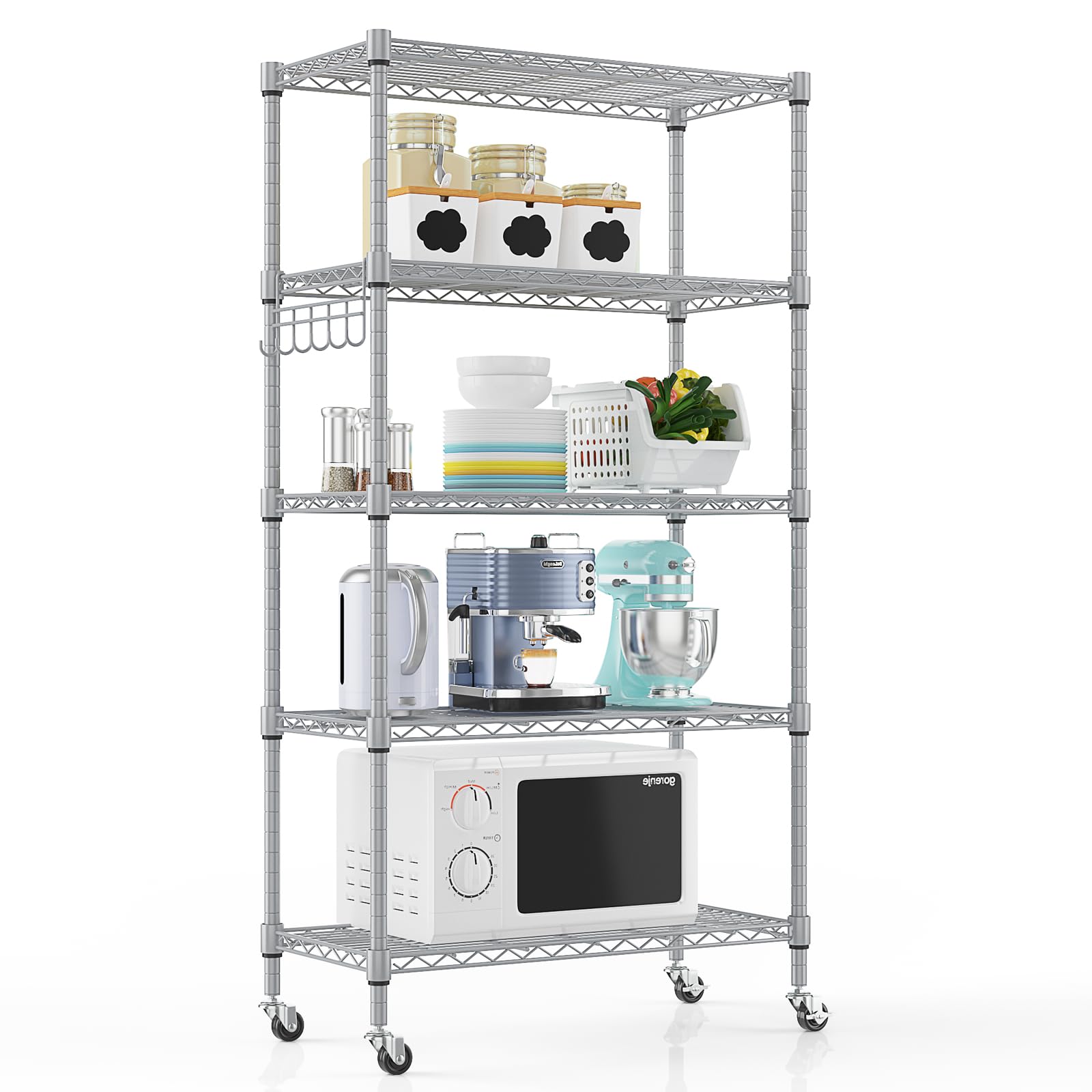 Himimi 5-Tier Wire Shelving Unit with Wheels, 76W x 35D x 158H cm, Height Adjustable Metal Shelving Unit for Storage, Free Standing Storage Rack Shelf for Kitchen Pantry Bathroom Garage Office, Silver