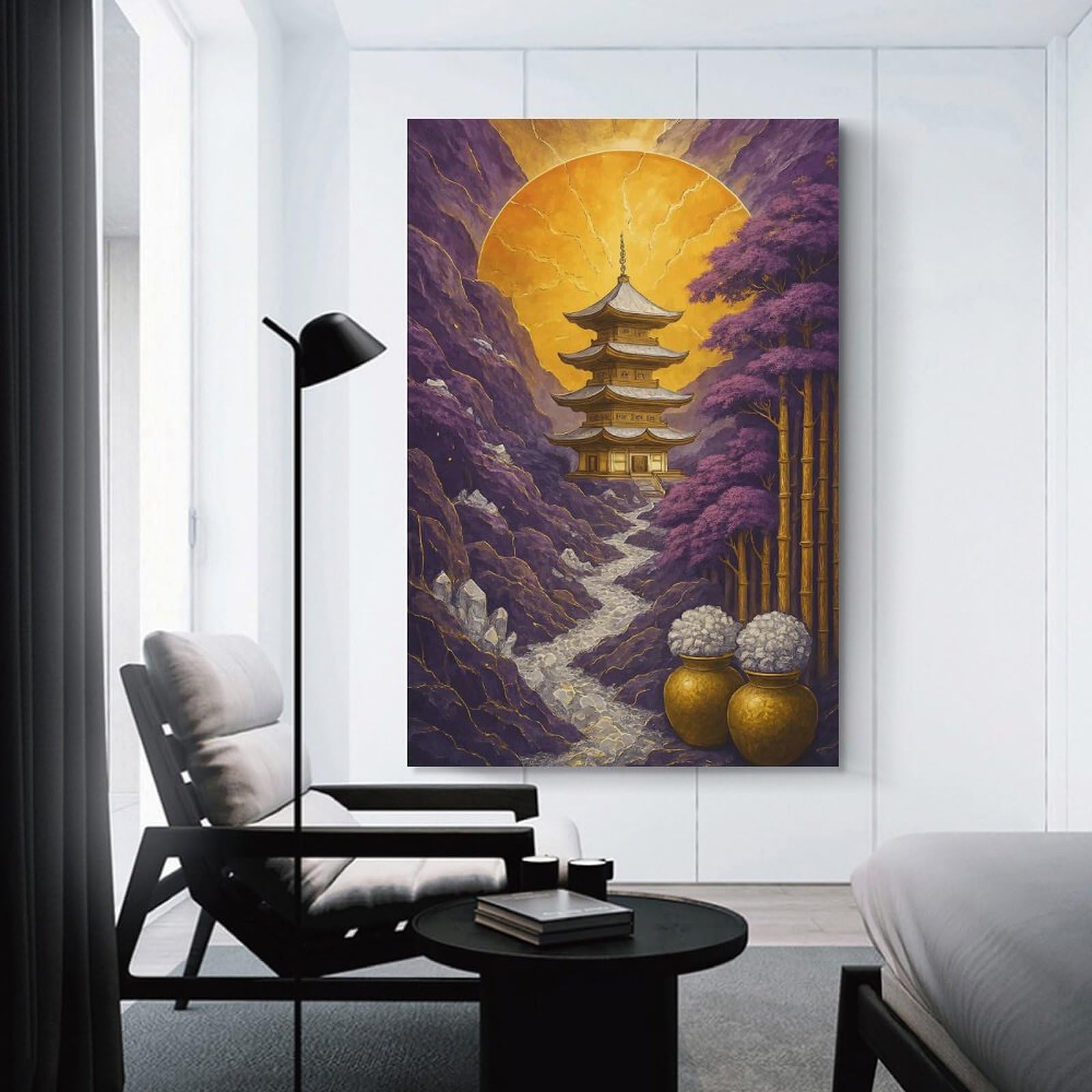 Junmoney Japanese Pagoda Landscape with Golden Sun Wall Picture Print, 24x36inch(60x90cm), for Flats, Guest Rooms Or Compact Rooms, Decorative Canvas Decor for Home Updates