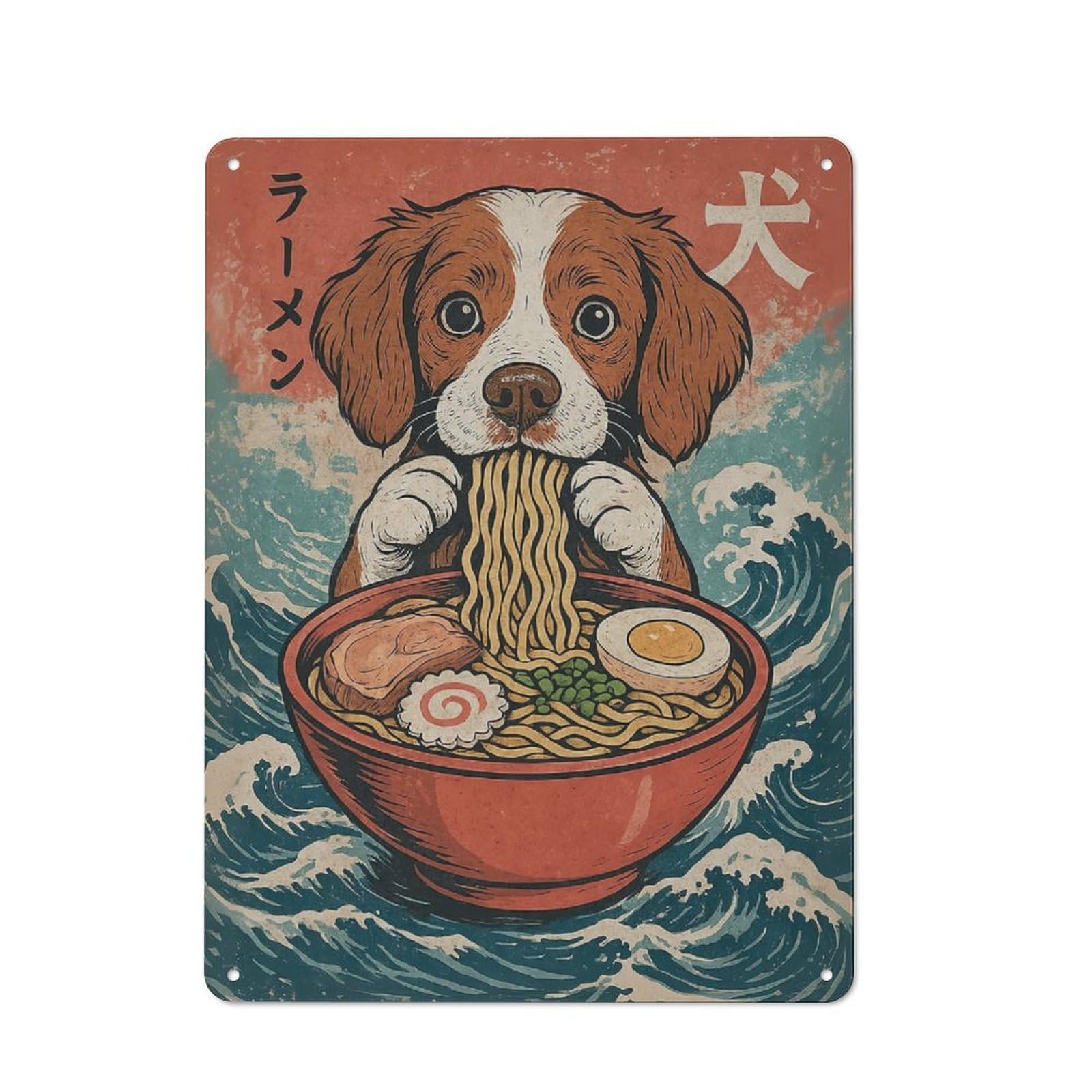 Rustic Vintage Metal Sign 40x30cm Featuring Brittany Spaniel Eating Ramen, Home Bar Decor for Cafe, Pub, Workshop Or Home Bar