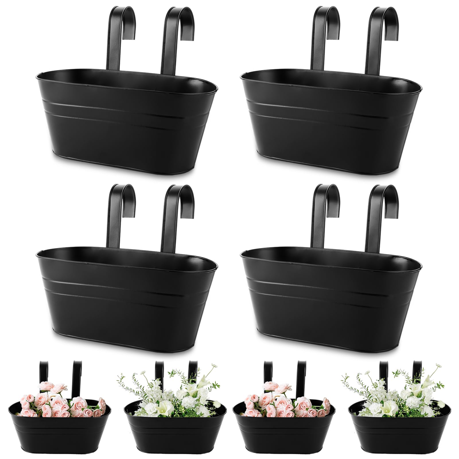 FWEEK 4 macetas colgantes de metal, 28 cm, grandes macetas para colgar, maceta colgante negra con gancho y agujero extraíbles para balcón, vallas, ventanas y barandillas, 28 x 22 x 12 cm