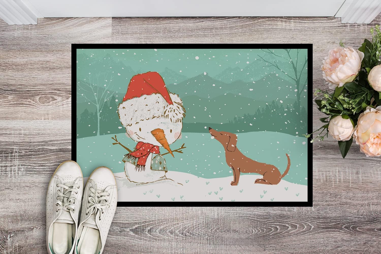Caroline's Treasures CK2084JMAT Red Dachshund Snowman Christmas Doormat 24x36 Front Door Mat Indoor Outdoor Rugs for Entryway, Non Slip Washable Low Pile, 24H X 36W