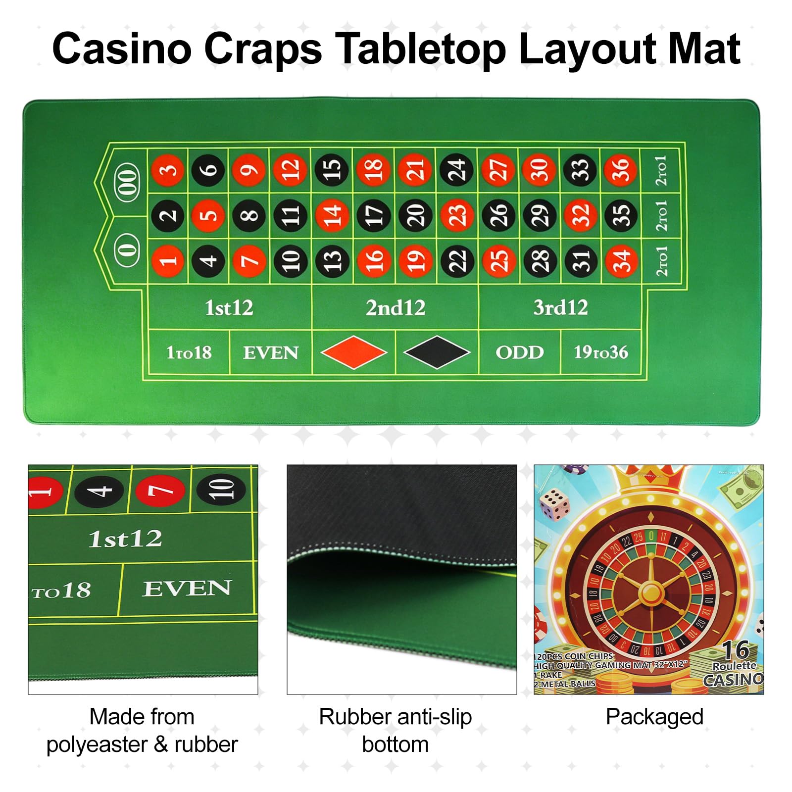 Casino Night Set Gioco Completo Include 16 '' Rotella Roulette Verde 88,9 cm X 40,6 cm Tappetino da tavolo in gomma, 100 Chip Dealer Pulsante Win Marker Casino Game Set Idee Regalo