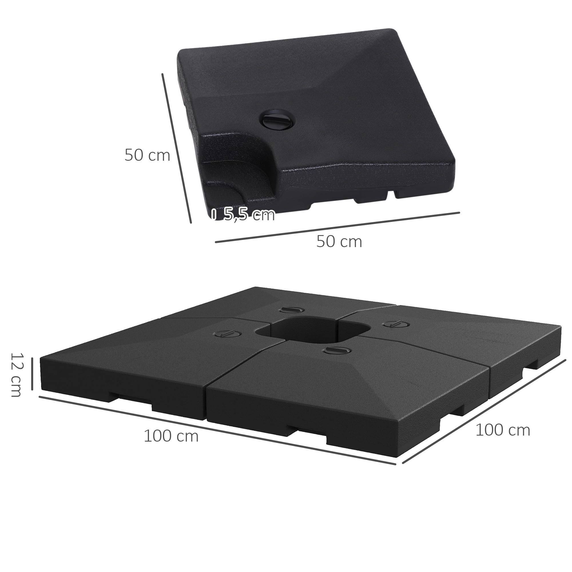 Outsunny Zestaw 4 podstawek do parasoli przeciwsłonecznych, kwadratowy obciążnik do parasoli przeciwsłonecznych, na płytkę 51 l x 51 l x 12 H cm polietylen - do napełniania wodą do 80 kg lub piaskiem