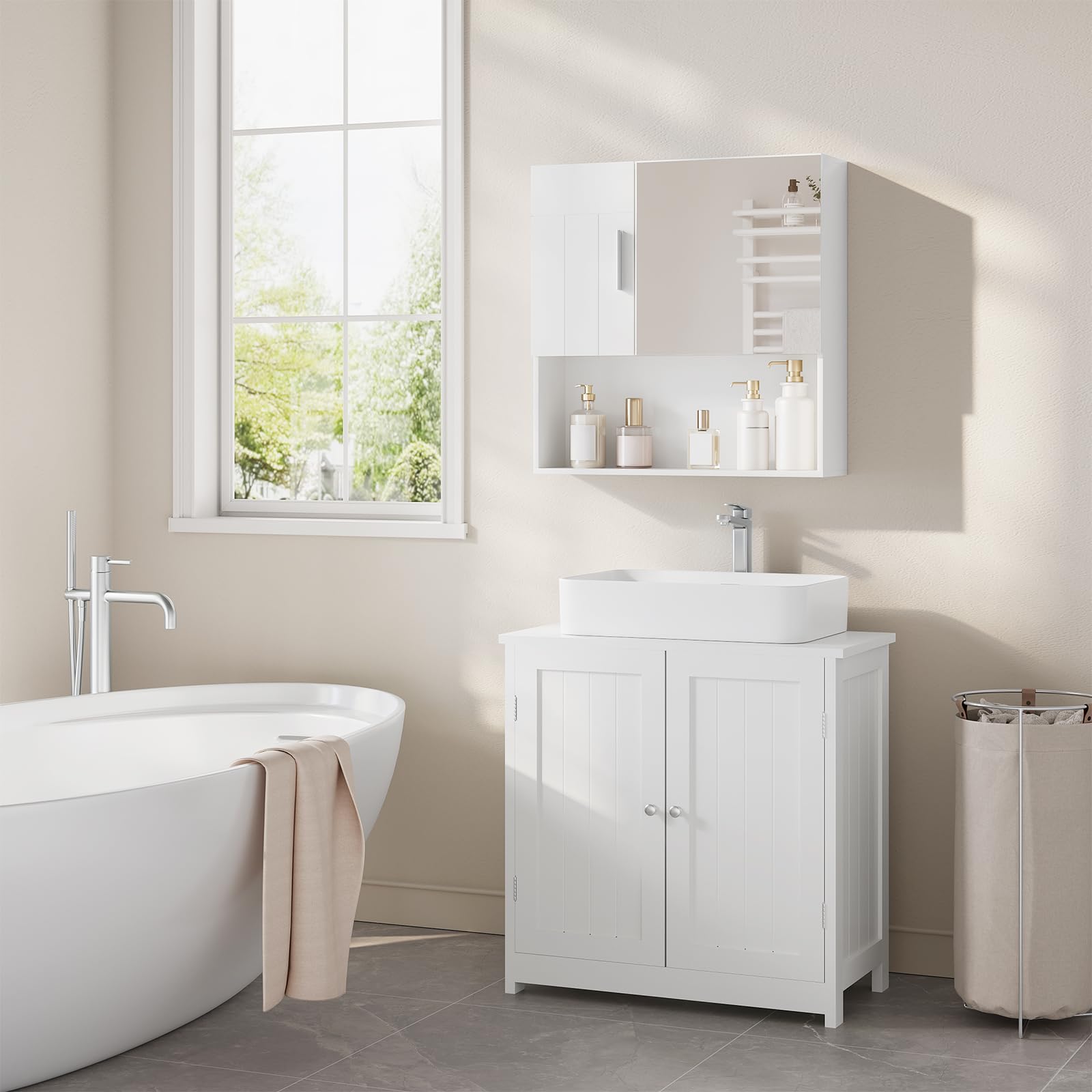 EUGAD Armario Baño de Pared, Mueble Baño con Espejo, Armario Colgar de Baño con Puerta y Estante Ajustable, 4 Compartimentos Interiores y 1 Abierto, MDF, Blanco