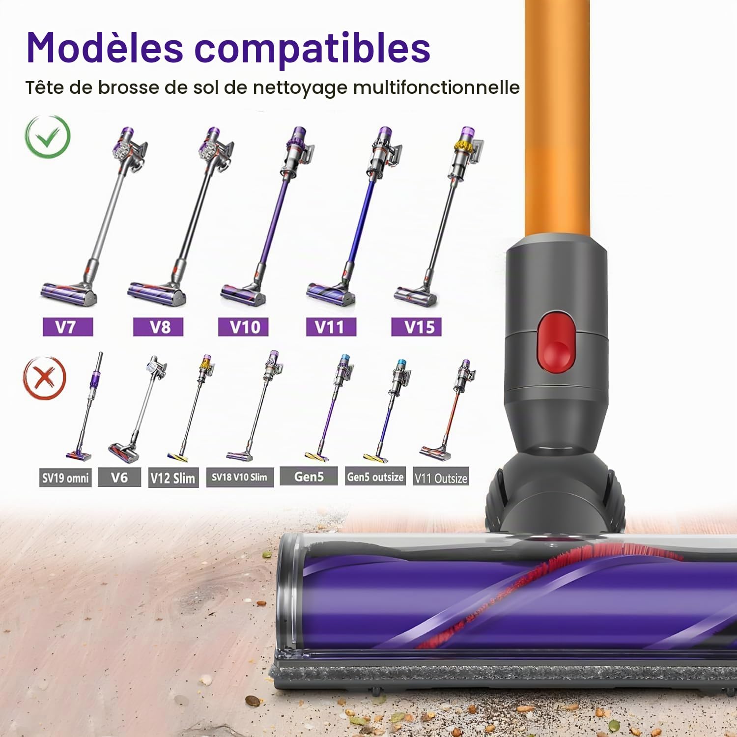 Tête de Brosse pour Dyson V7 V8 V10 V11 V15, Brosse électrique pour Dyson V10 V11 V15 V7 V8, Remplacement Brosse pour D-yson V8 V7 V10 V11 V15 Sols Durs et Moquettes