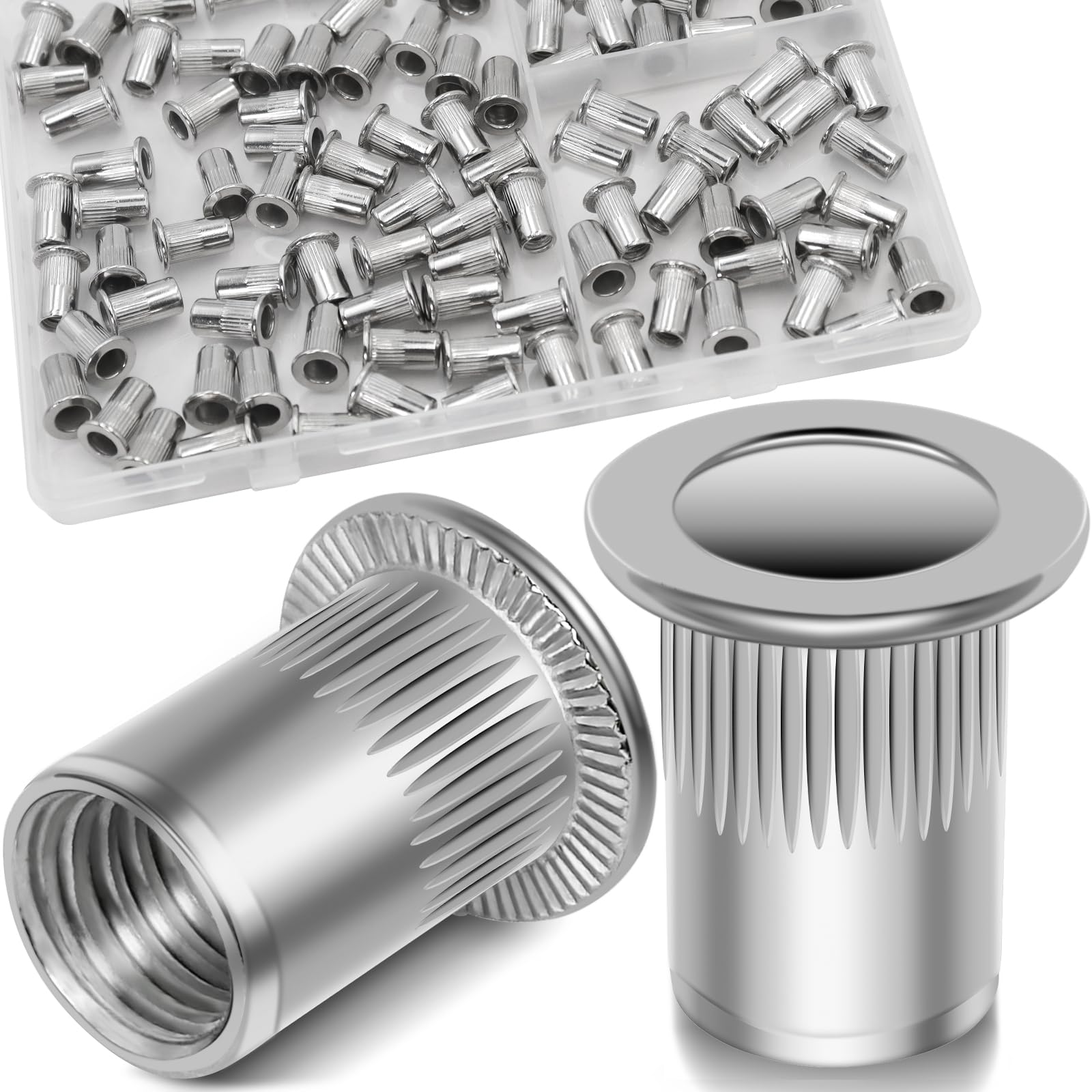 Vifmy 10-24 UNC Rivet Nut, 95Pcs 304 Stainless Steel Flat Head Rivnut Threaded Insert Nutsert, Silver