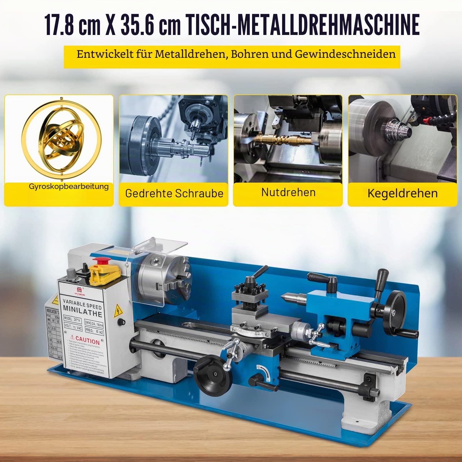 VEVOR Präzisions-Tisch-Mini-Metallfräsmaschine, Drechselbank 550 W, drechselbank bohrmaschine mit variabler Drehzahl, drehmaschine, Nylongetriebe mit 50-2500 U/min und beweglicher Lampe