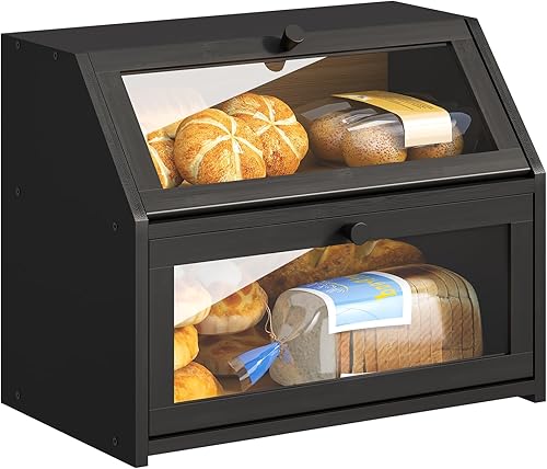 Caja de pan de granja BMOSU para mostrador de cocina Caja de pan de doble capa de bambú y madera de gran capacidad contenedor de almacenamiento de