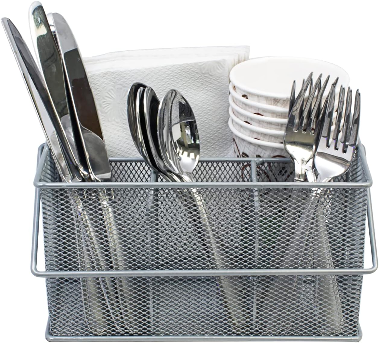 Utensil Caddy — Silverware, Napkin Holder, and Condiment Organizer — Multi-Purpose Steel Mesh Caddy—Ideal for Kitchen, Dining, Entertaining, Tailgating, Picnics, and much more (Silver)