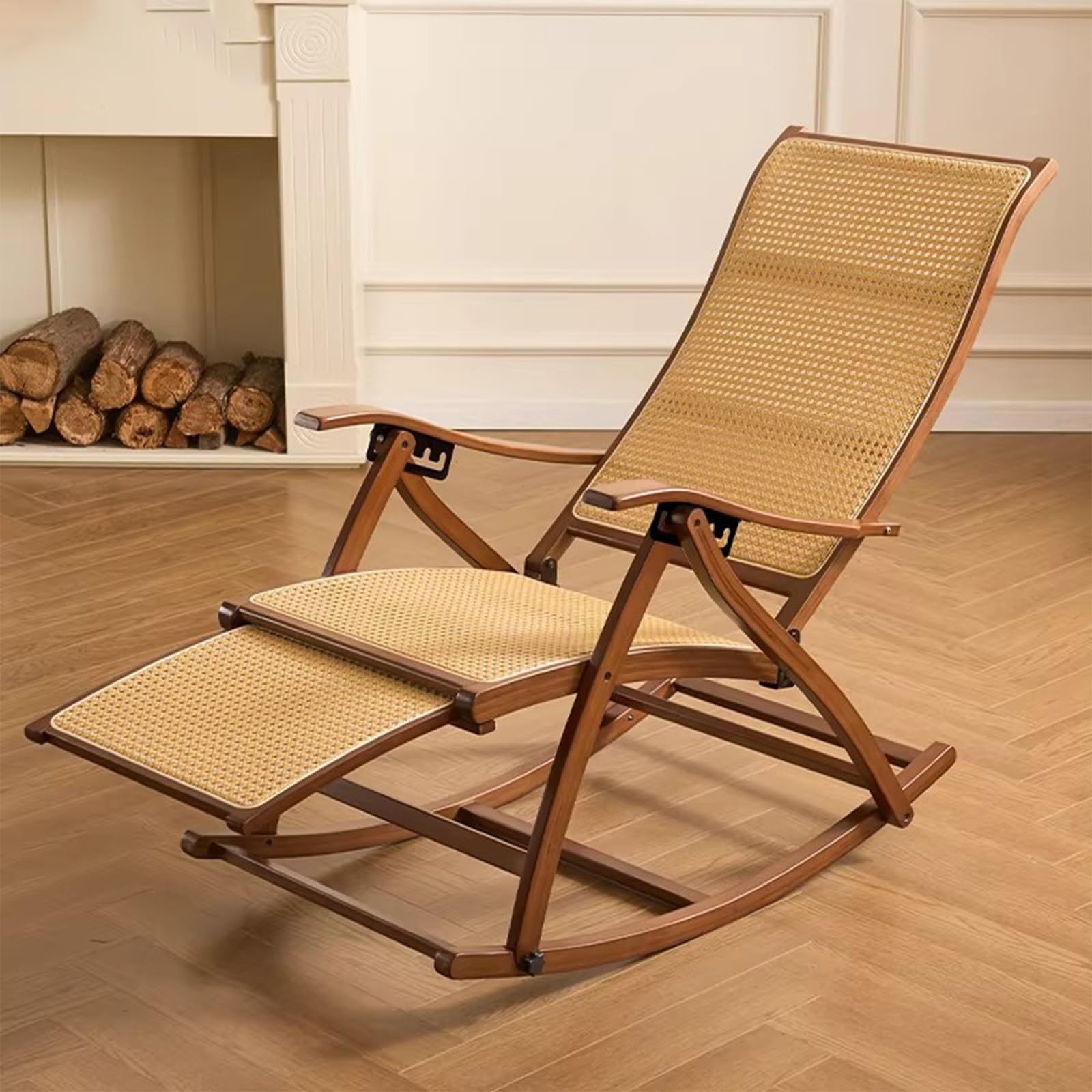 GTHTUHFD Foldable Rocking Chair, Outdoor Garden Rocker Chair, Recliner With Adjustable High Backrest, Leisure Reclining Chair, Bamboo & Rattan Weaving, 100Kg Load-Bearing