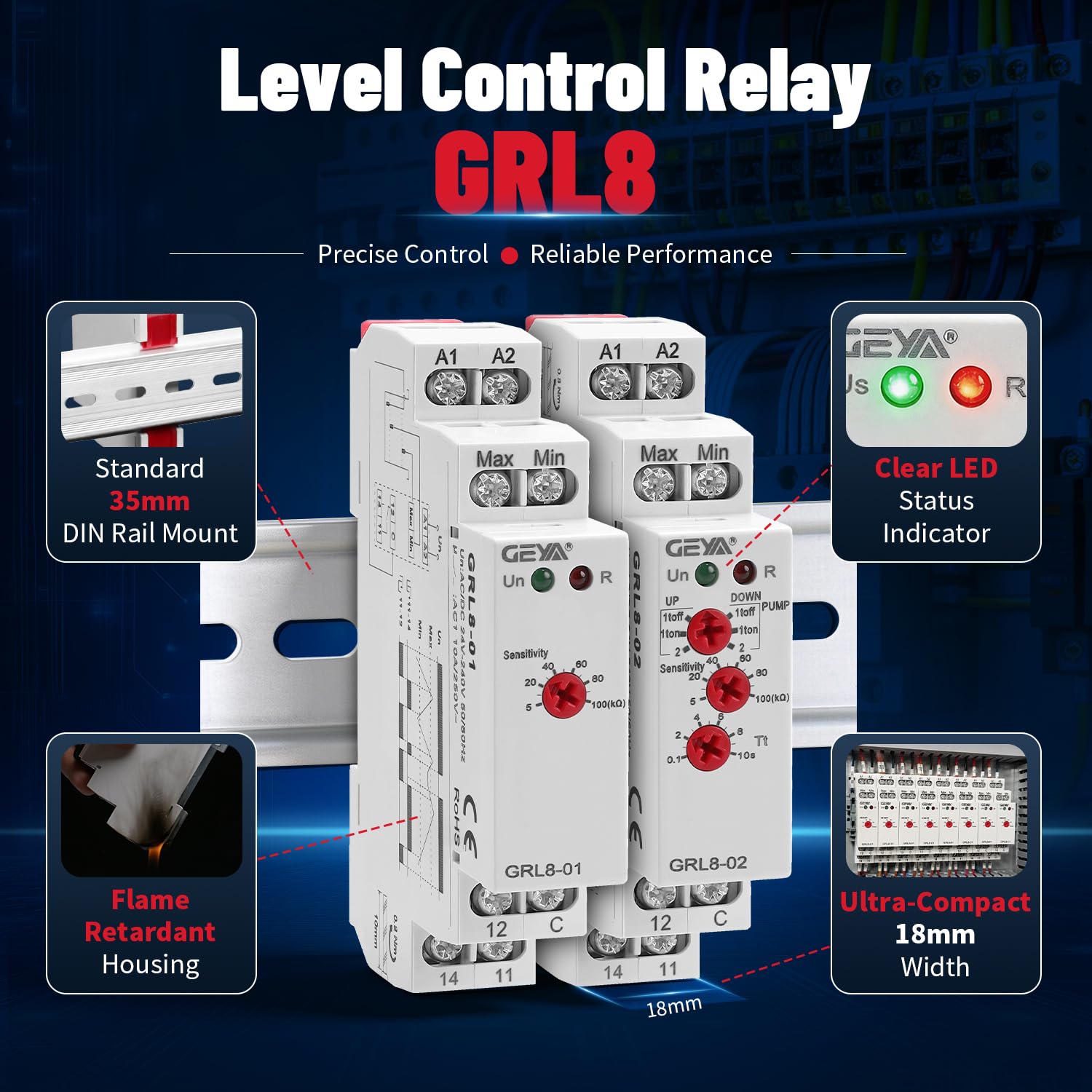 Relè di Controllo a Timer per Liquidi Controllore Elettronico di Livello Liquido 10A(Sensore GRL8-02,AC/DC24V-240V)