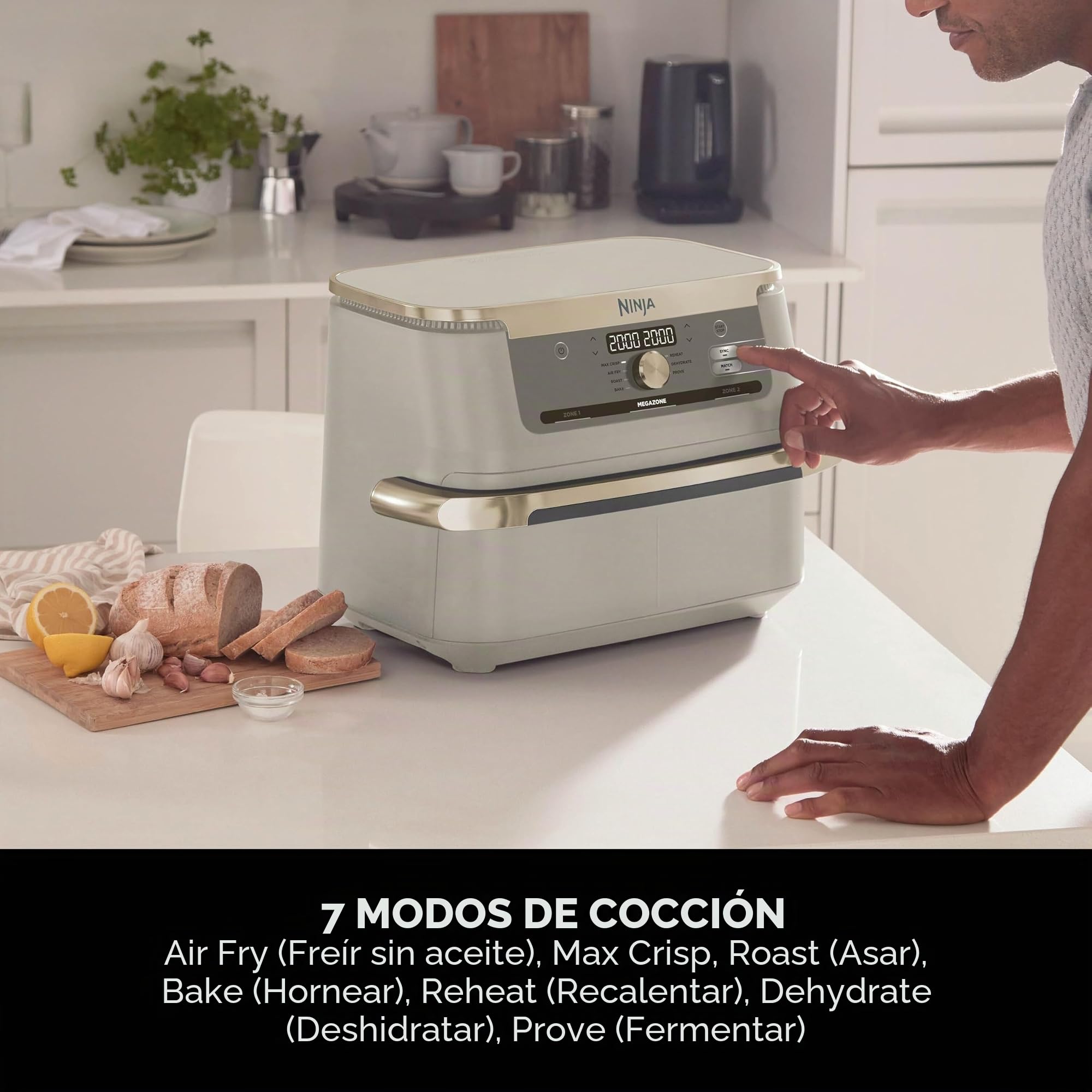 Ninja MAX PRO, Freidora de Aire sin Aceite, 6,2L, Piedra Dorada, AF180EUSD | Cajón Cuadrado Grande, Asar, Hornear, Familiar, Digital, Cesta y Placa para Gratinar Antiadherentes y Aptas para Lavavajilla