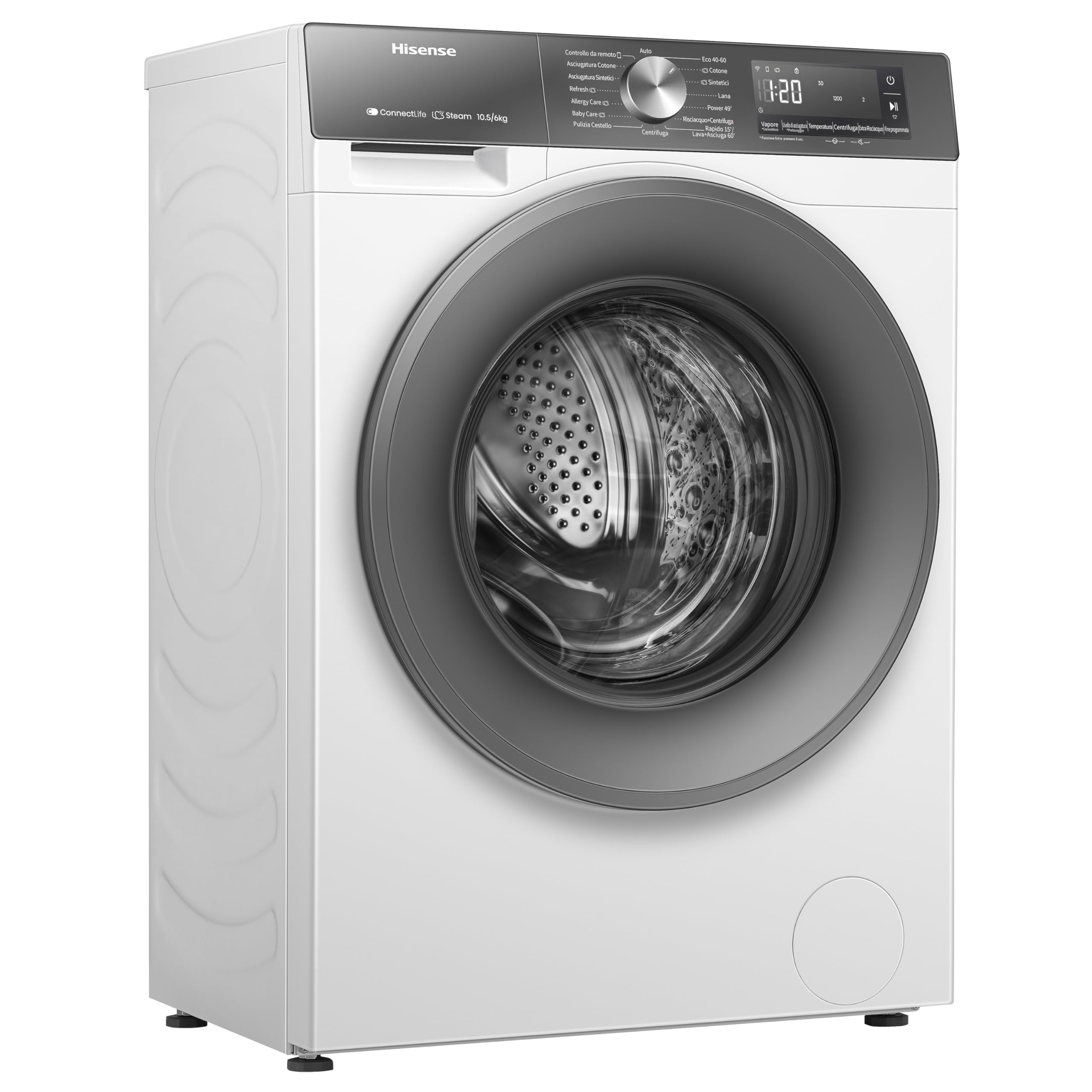 Hisense WD3S1043BW7 Lavasciuga 10,5 + 6 Kg, 1400 Rpm, 19 Programmi Automatici, Vapore, Motore Inverter, Classe Energetica A-20%/D, Display Led, Grigio, WiFi