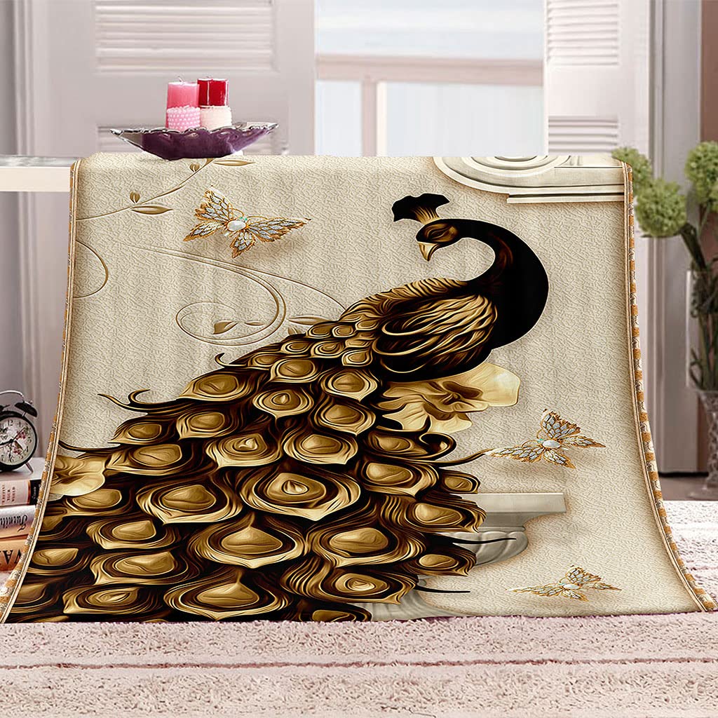 Coperta In Pile Di Pelliccia Sintetica Per Divano E Letto, Pavone Animale Dorato Stampata Coperta Matrimoniale Invernale Di Flanella 180X200Cm Morbida, Calda E Accogliente, Fluffy
