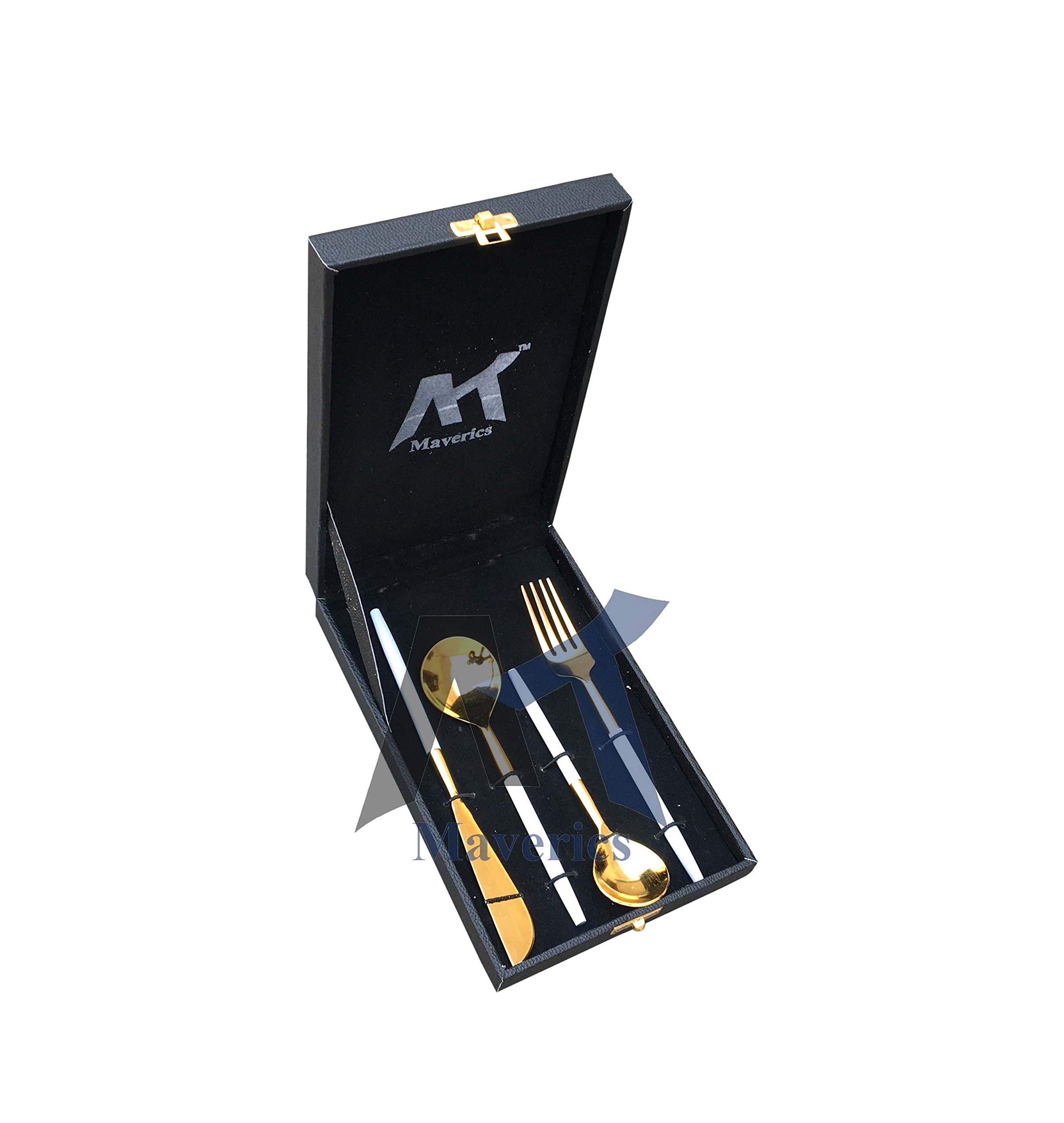 Maverics 4 Pieces Classic Design Royal Flatware Cutlery Set, Polished Classique (Contains Desert: 1 Knife, 1 Tea Table Spoons, 1 Forks, 1 Soup Spoons) (Gold & White)