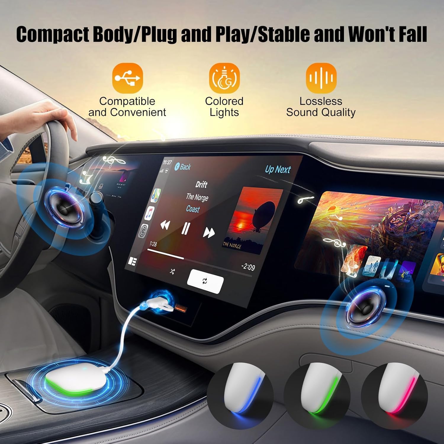 Wireless Carplay Adapter for iPhone,RGB Tail-light Mini Size Bluetooth 5.3 WiFi 5.8 GHz,Plug and Play Convert Wired to Apple Carplay Wireless Adapter,Connect Stable No Delay Lag(USB-A/Type-C Port)02w