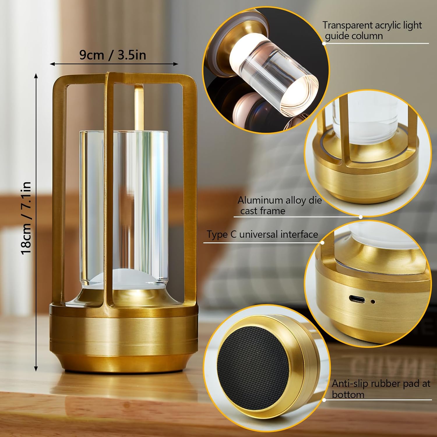 Small Table Lamp, Rechargeable Cordless Battery Operated LED Lamp, 3-Color Temperatures Dimmable Nightstand Lamp for Living Room, Bedroom, Outdoor Battery Powered Portable Touch Lamp (Gold)