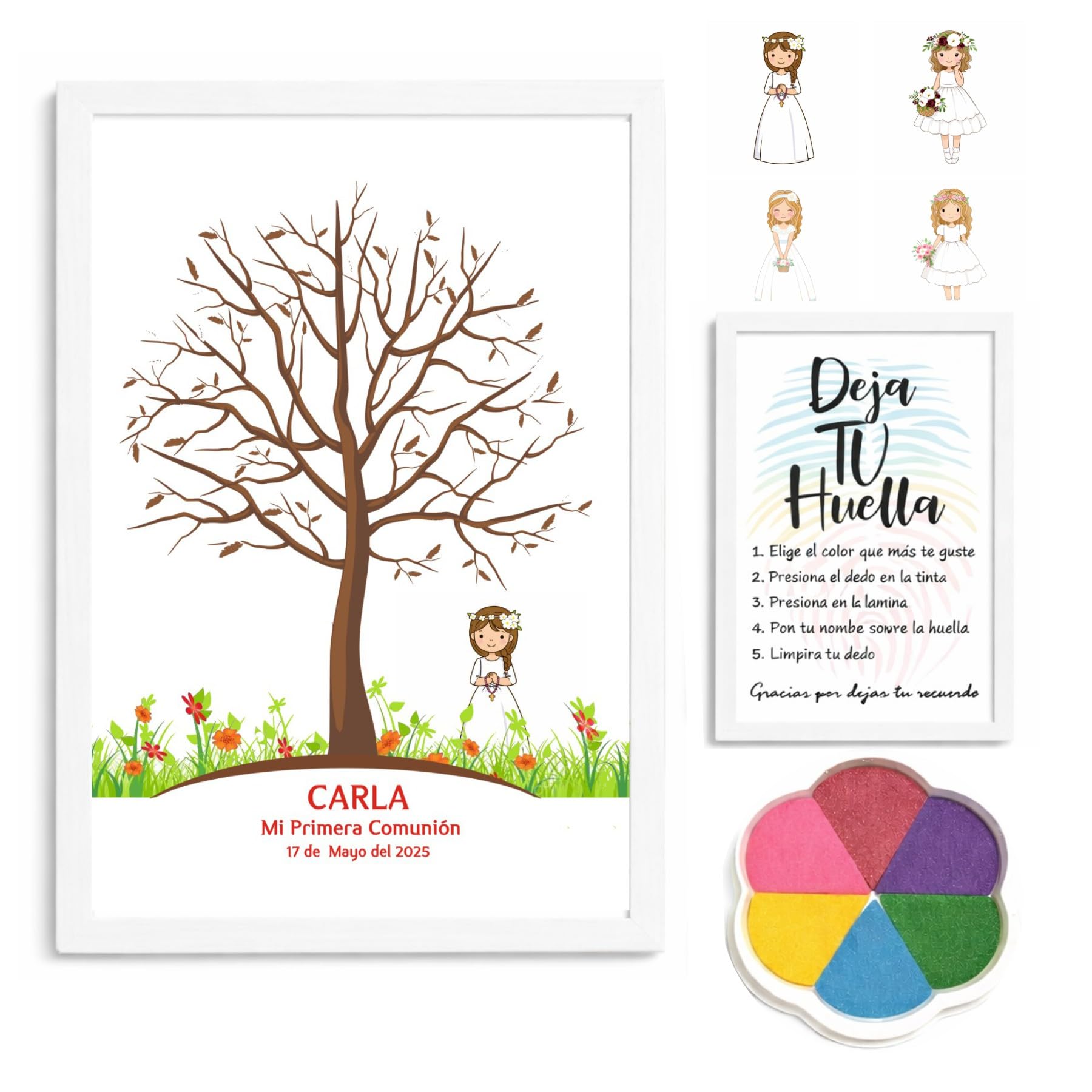 Cuadro Árbol de Huellas Comunión Niña Personalizado Vintage – Libro de Firmas Comunión con Tintas e Instrucciones – Regalo Comunión Original - Recuerdo Invitados