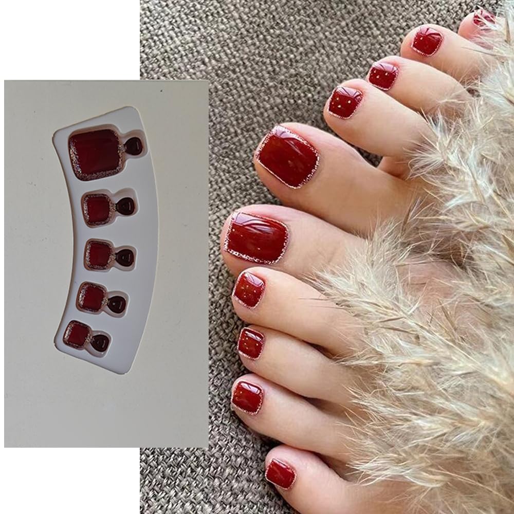 S.A.V.I 24 PCS Wine Red Glitter False Toe Nails Set | Easy-to-Apply DIY Nail Extensions for Pedicure | Long-Lasting Press-On Artificial Nails for Women | Trendy & Elegant Stick-On Design-image-14