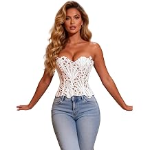 ohyeahlady Strapless Lace Corset Tops for Women, Embroidery Hollow Out Bustier 14 Bones Waist Trainer, Adjustable Lace Up Top