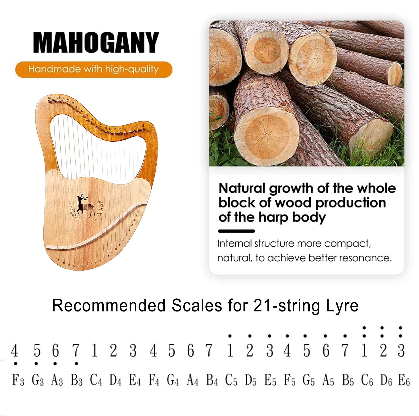 Instrumento de cuerda de madera maciza de caoba, arpa de lira de 21 cuerdas, con estuche de transporte/llave de afinación/cuerda de repuesto/manual de instrucciones en inglés, para amantes de la músi