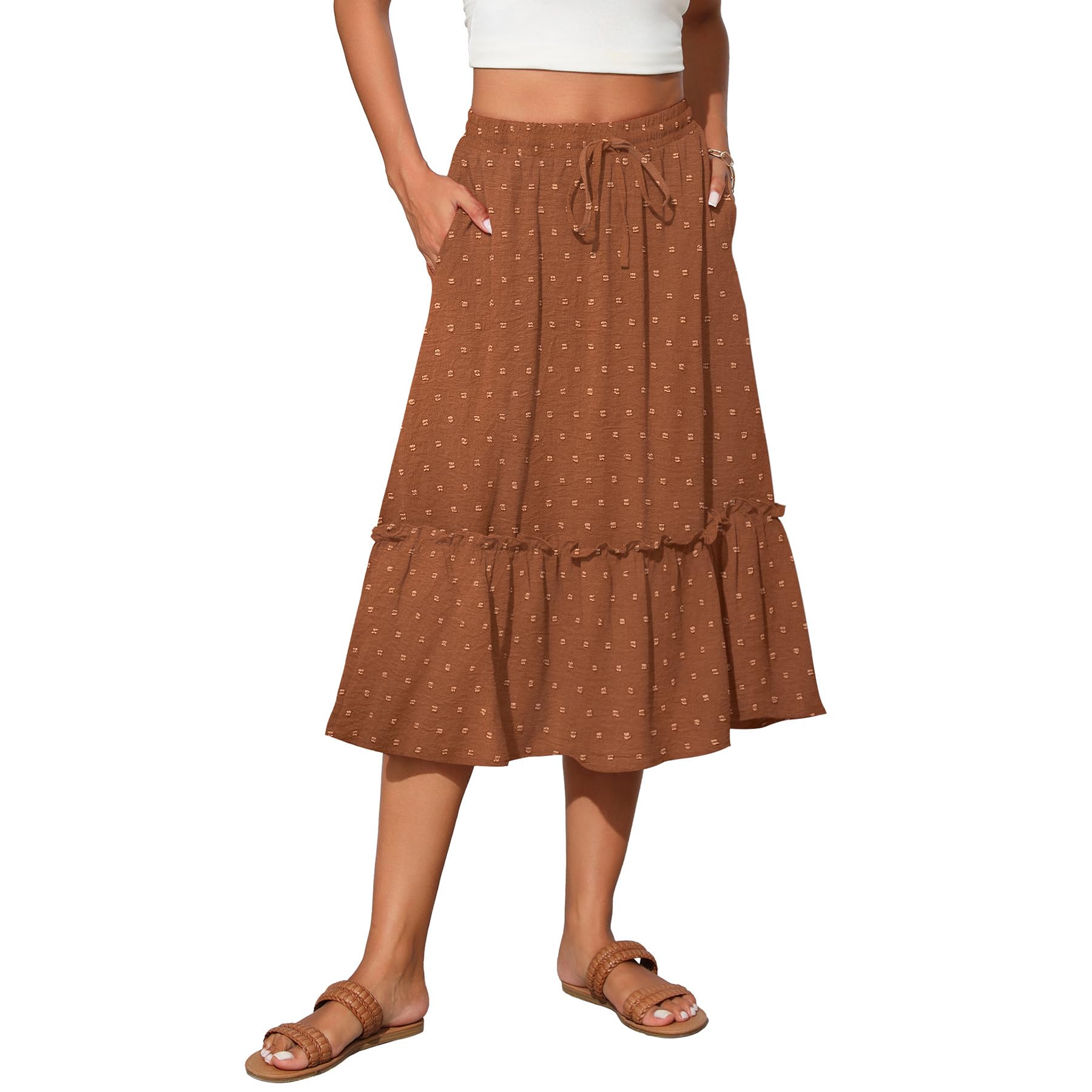 Witsmile Womens High Waist Tiered Midi Skirt Flowy Long Length with Pockets