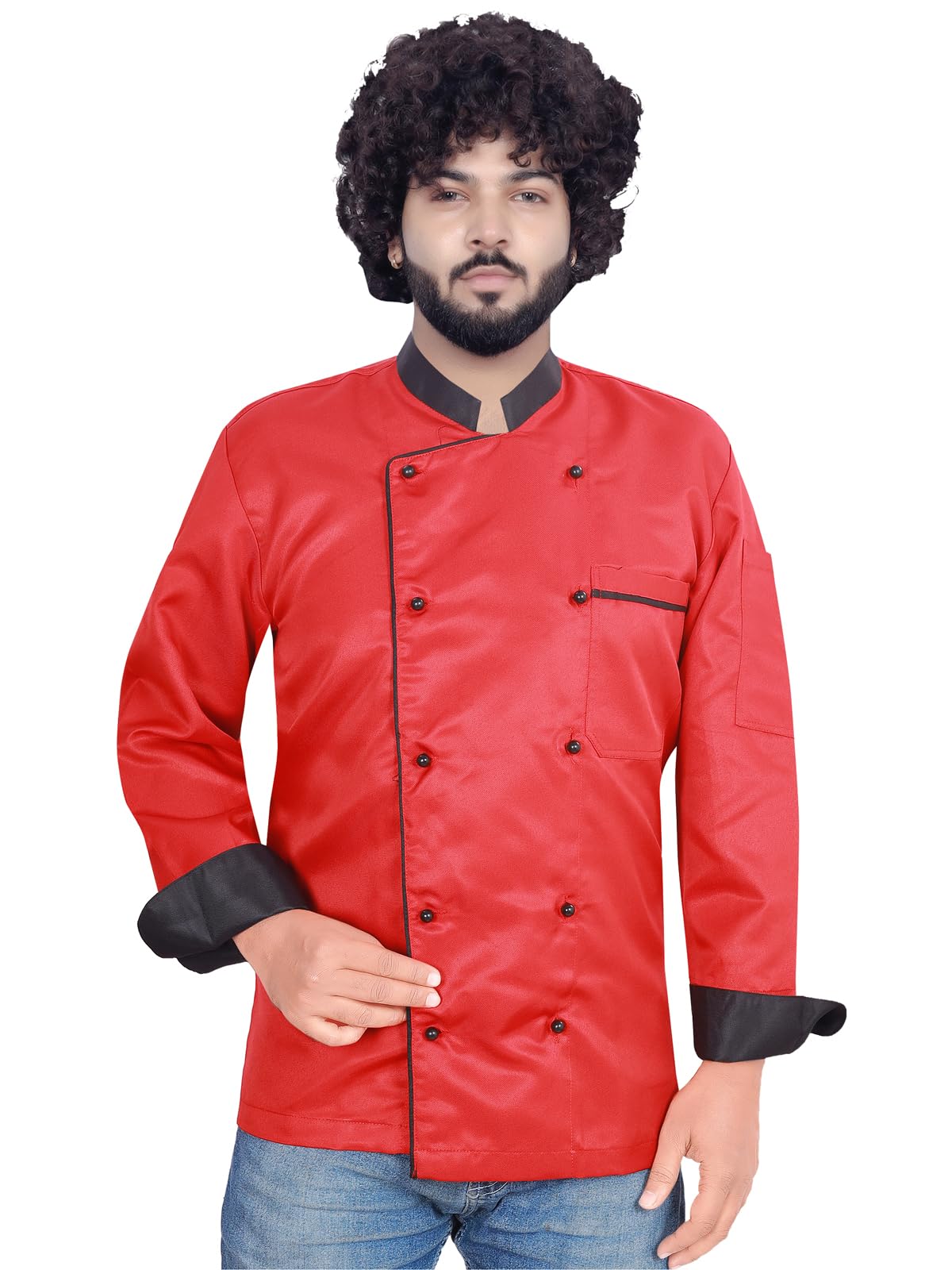 click one Men's And Women's Chef Coat Contrast,PolyCotton,Cuffed Mushroom Button-picture-16