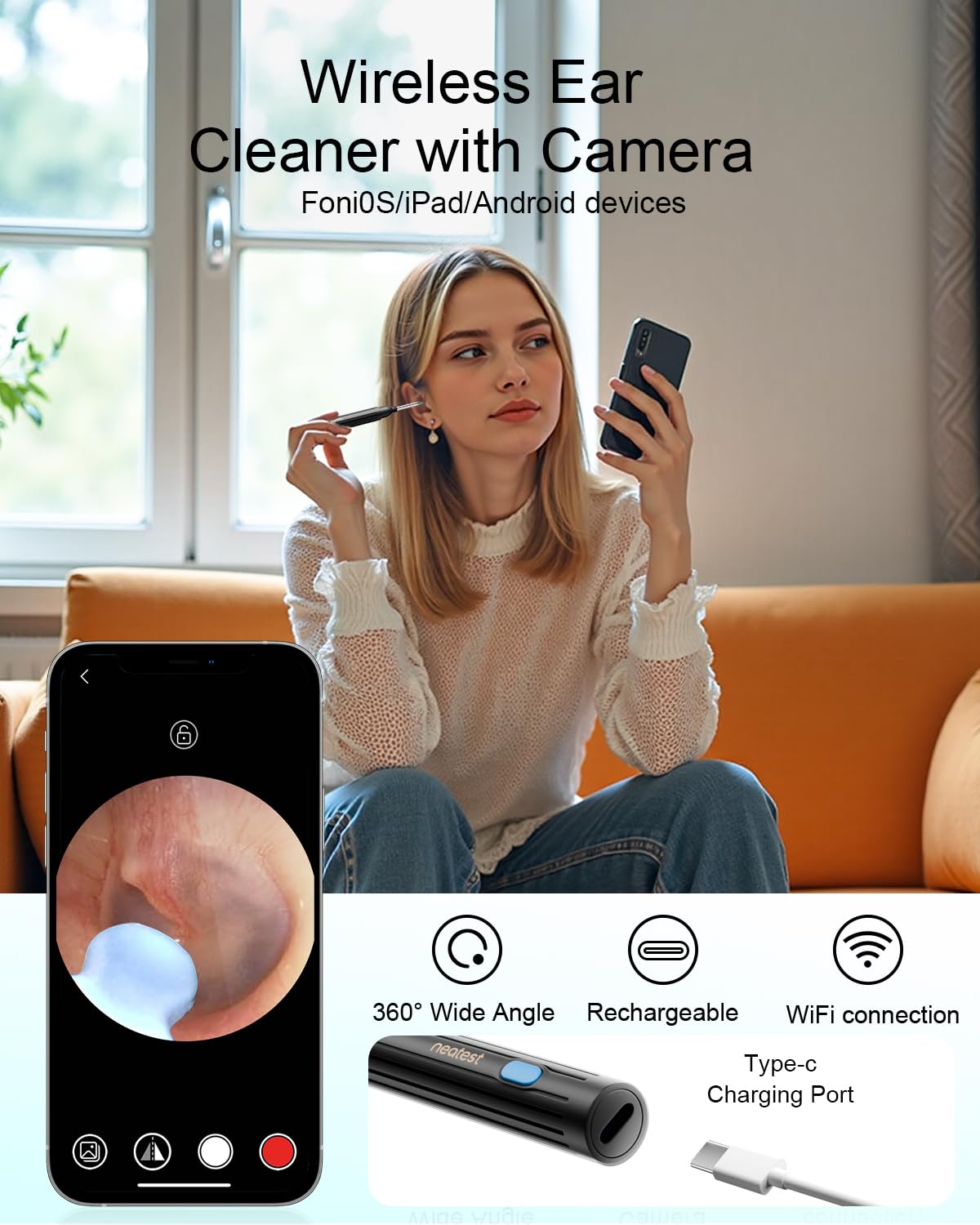 NEATEST Ear Wax Removal Tool with Camera, 1296P HD Wireless Otoscope, 6 LED Lights, IP67 Waterproof, Rechargeable 8 Pcs Ear Cleaning Kit for iOS & Android (Black)