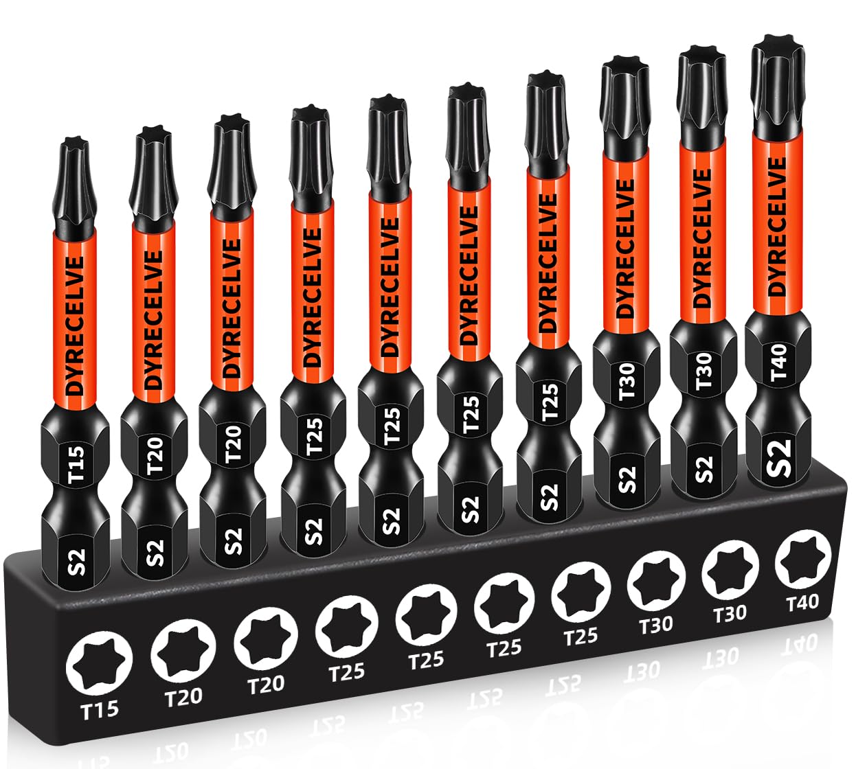 DYRECELVE Impact Torx Bit Set T15 T20 T25 T30 T40, 10-Pack 2 Inch S2 Steel Magnetic Power Bits for Impact Driver, 1/4 Inch Hex Shank Heavy Duty