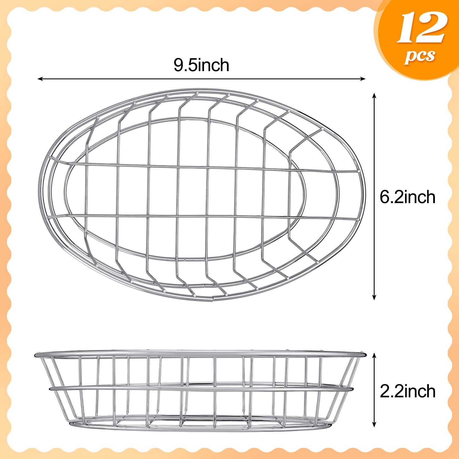 Hushee 12 Pcs Wire Bread Basket 9.5 x 6.2 x 2.2 Inch Oval Metal Dinner Roll Baskets for Serving Fruit Bowl Basket Storage with 50 Sheets Deli Wrappers Paper for Kitchen Table Fast Food Burger (Silver)