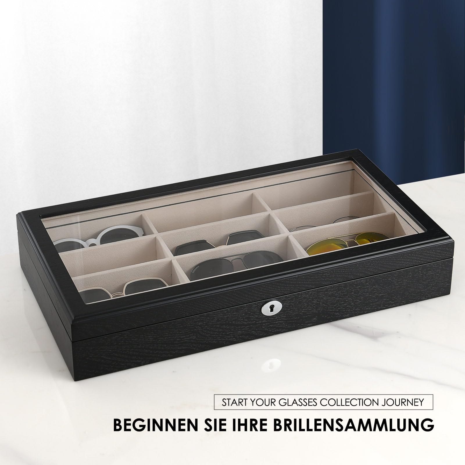 Brillenbox Brillenaufbewahrung Aufbewahrungsbox Sonnenbrillen Case von 12 Brillen Sonnenbrillen Aufbewahrungsbox Die holzkiste mit Schlüsselschloss brillenständer (12 Schlitze - Schwarzes Holz)
