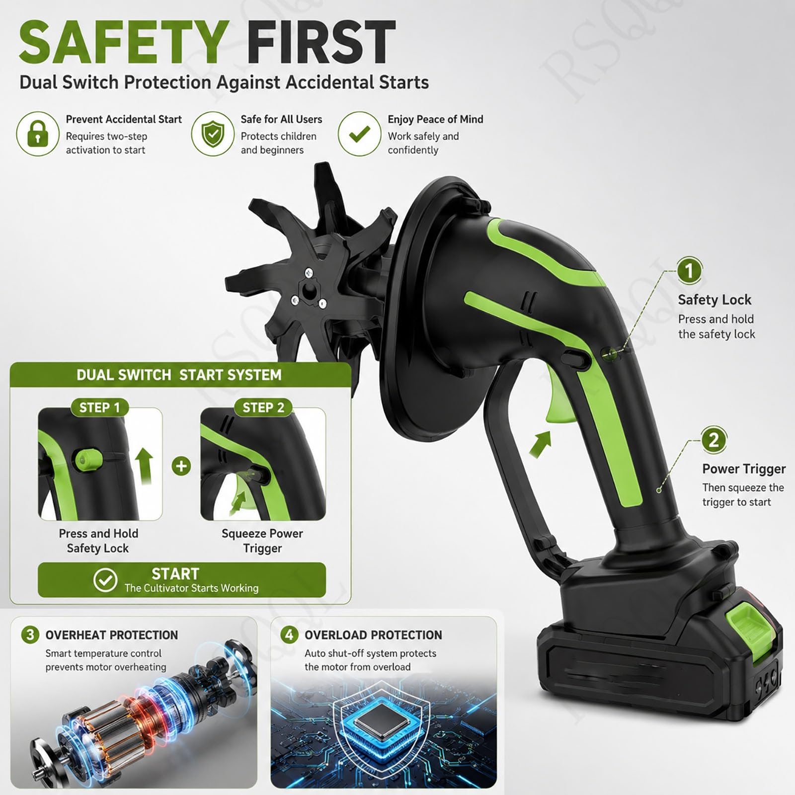 Mini coltivatore a batteria 2 in 1 da 550 W con 2 batterie, 235 giri/min, coltivatore for terreno con larghezza e profondità 4" con asta di prolunga, for aiuole da giardino