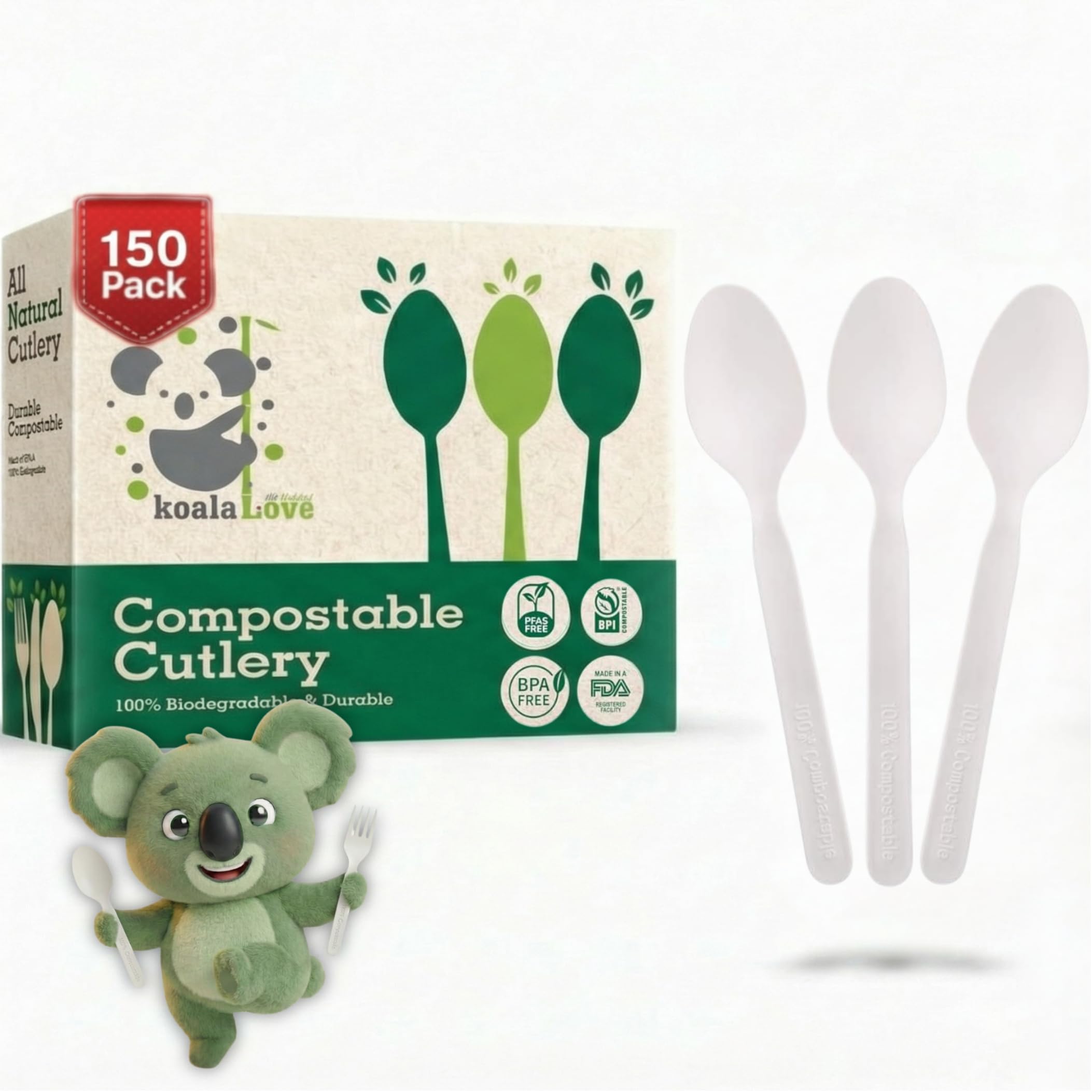100% Compostable Spoons - (7 in.) 150 Large Biodegradable Spoon Disposable Eco Friendly Spoon Durable and Heat Resistant Alternative to Plastic Spoons with Convenient Tray, By KOALALOVE