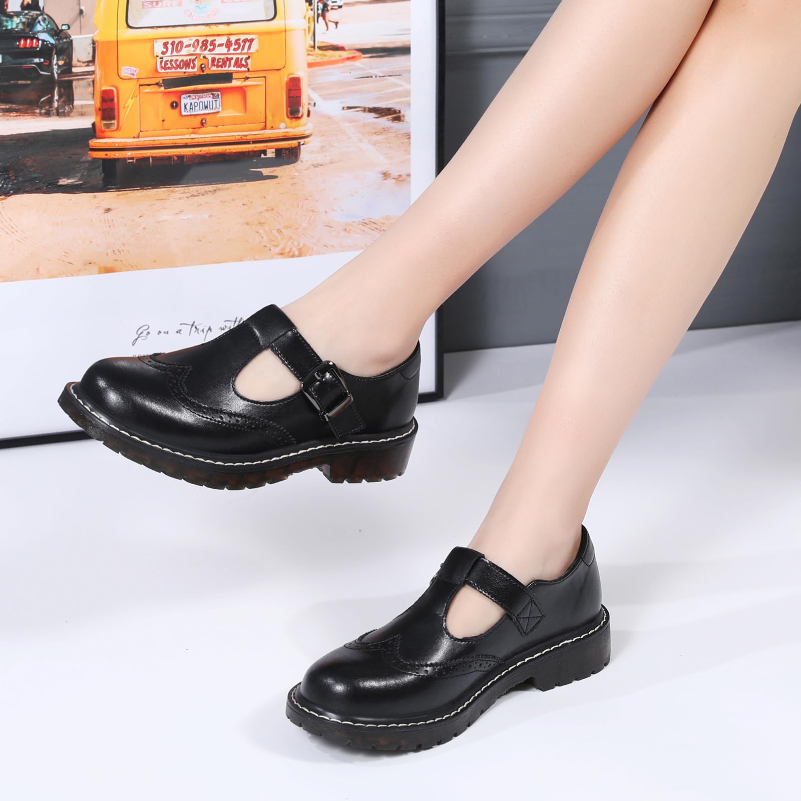 XMM Mary Jane Shoes Women Oxford Shoes Leather Round Toe Flats Non-Slip Ankle Buckle Strap Comfort Casual Dressy Cosplay Party School Work Shoes: 8.5 257 Black