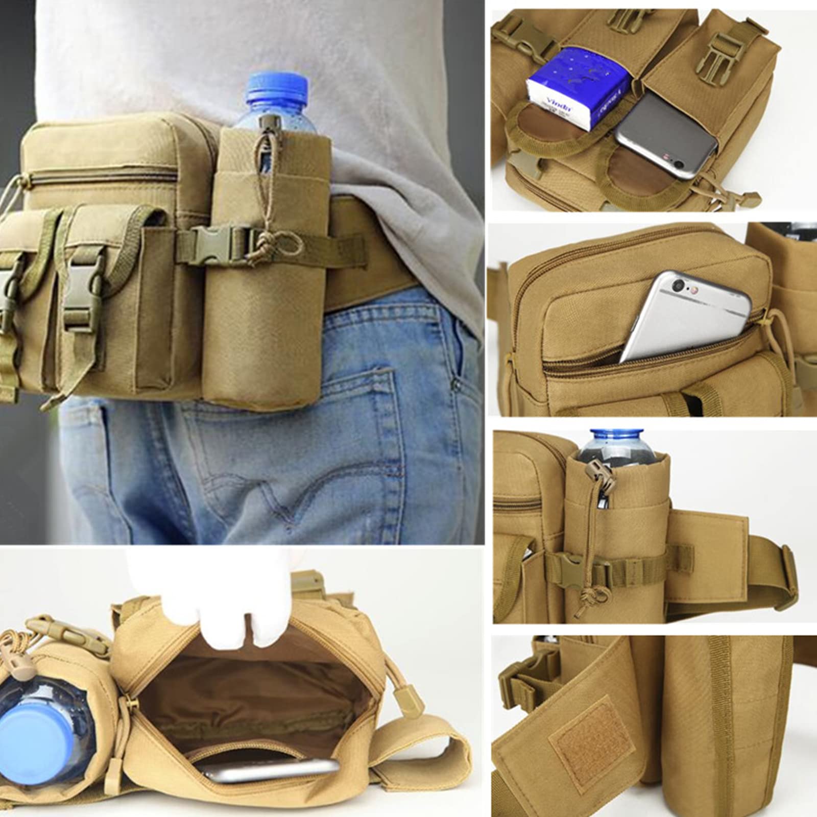 Cintura tattica con pacchetto di accessori, borsa per bottiglie d'acqua tattiche in nylon per campeggio, arrampicata, escursionismo, escursionismo.