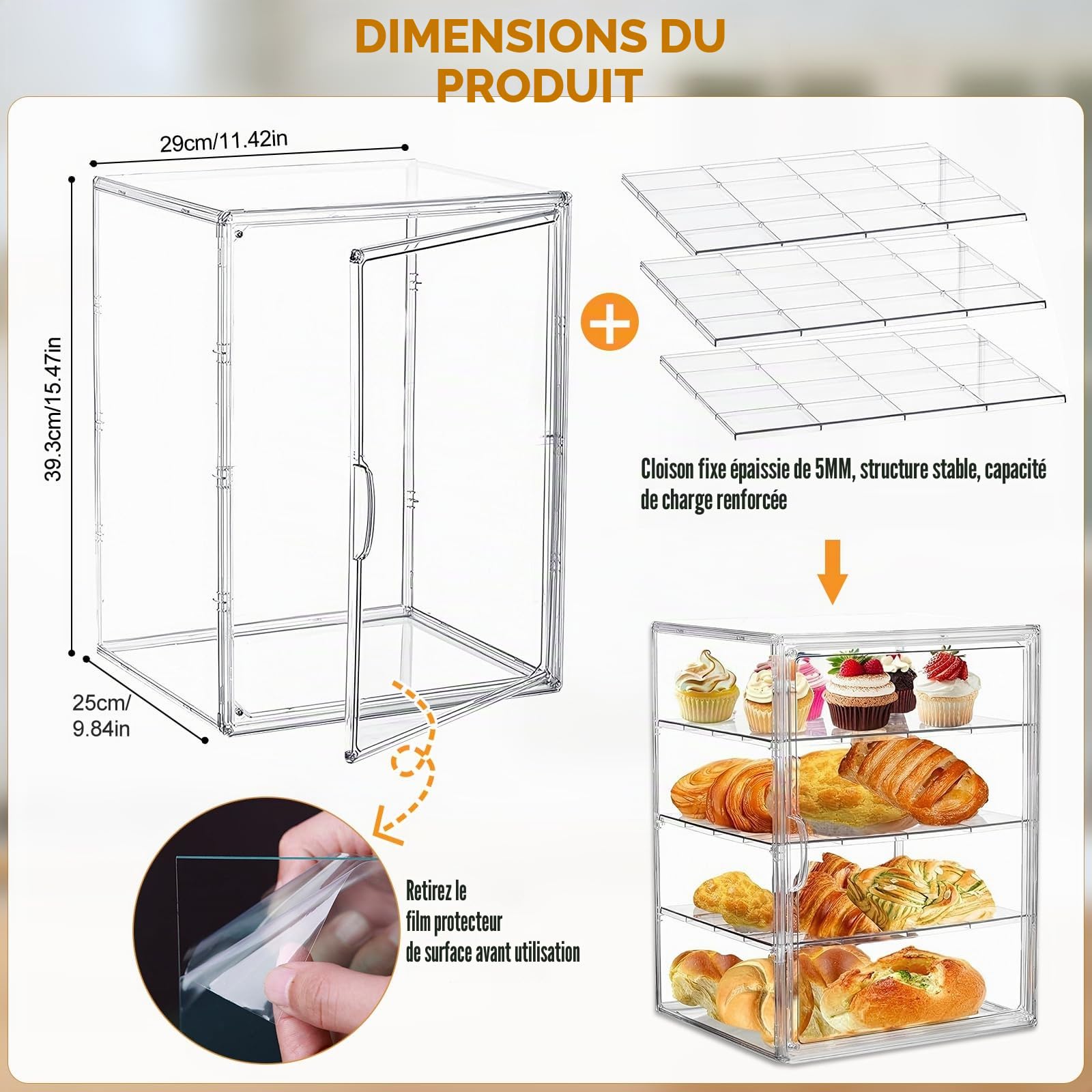 Présentoir à pâtisseries, boîte à pain pour comptoir de cuisine, 4 niveaux réglables, transparent, avec porte magnétique, présentoir pour comptoir de cuisine, support à pain