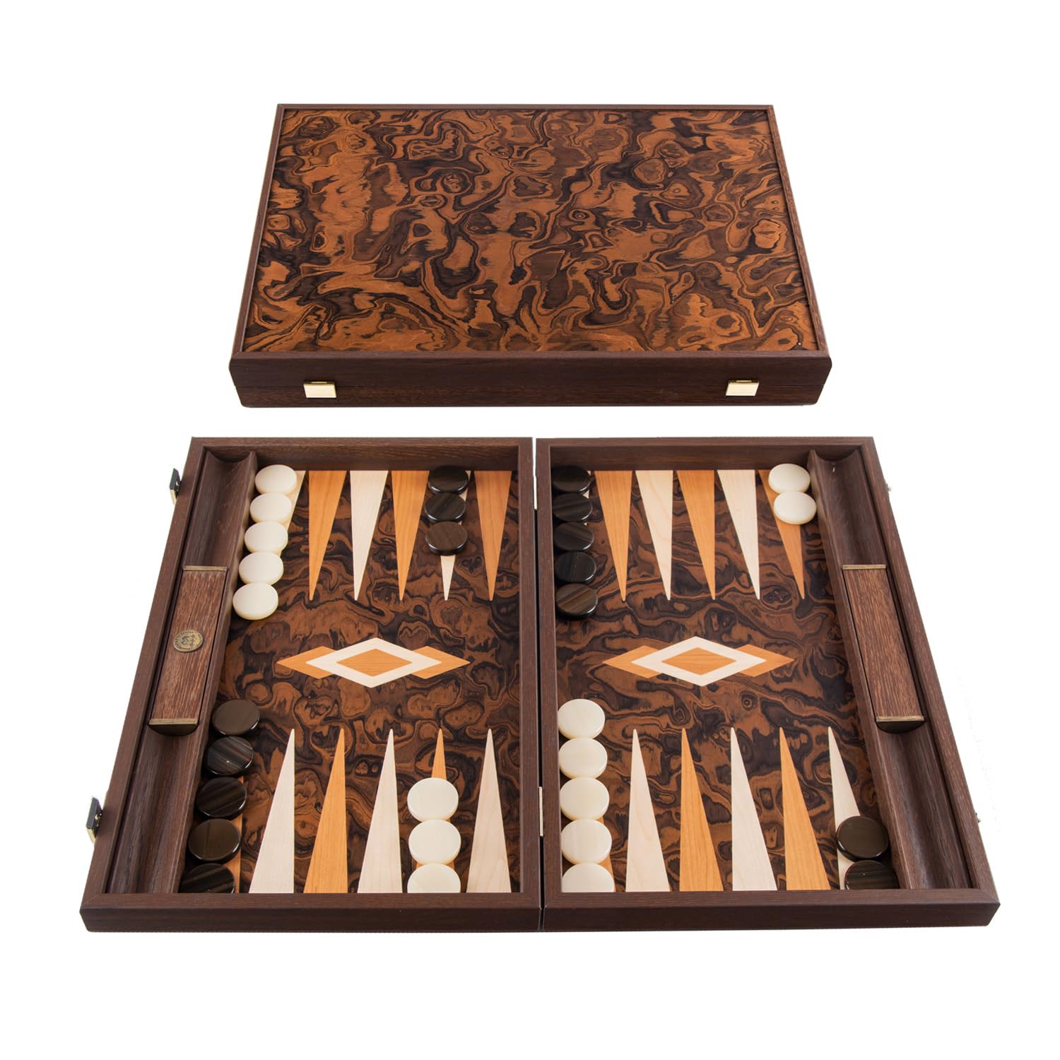 Uber Games Manopoulos Californian Walnut Burl Luxury Backgammon Set with side racks & accessories - 19 inch x 12 inch (48cm x 30cm) Closed) – Classic Strategy Board – Suitable for serious players