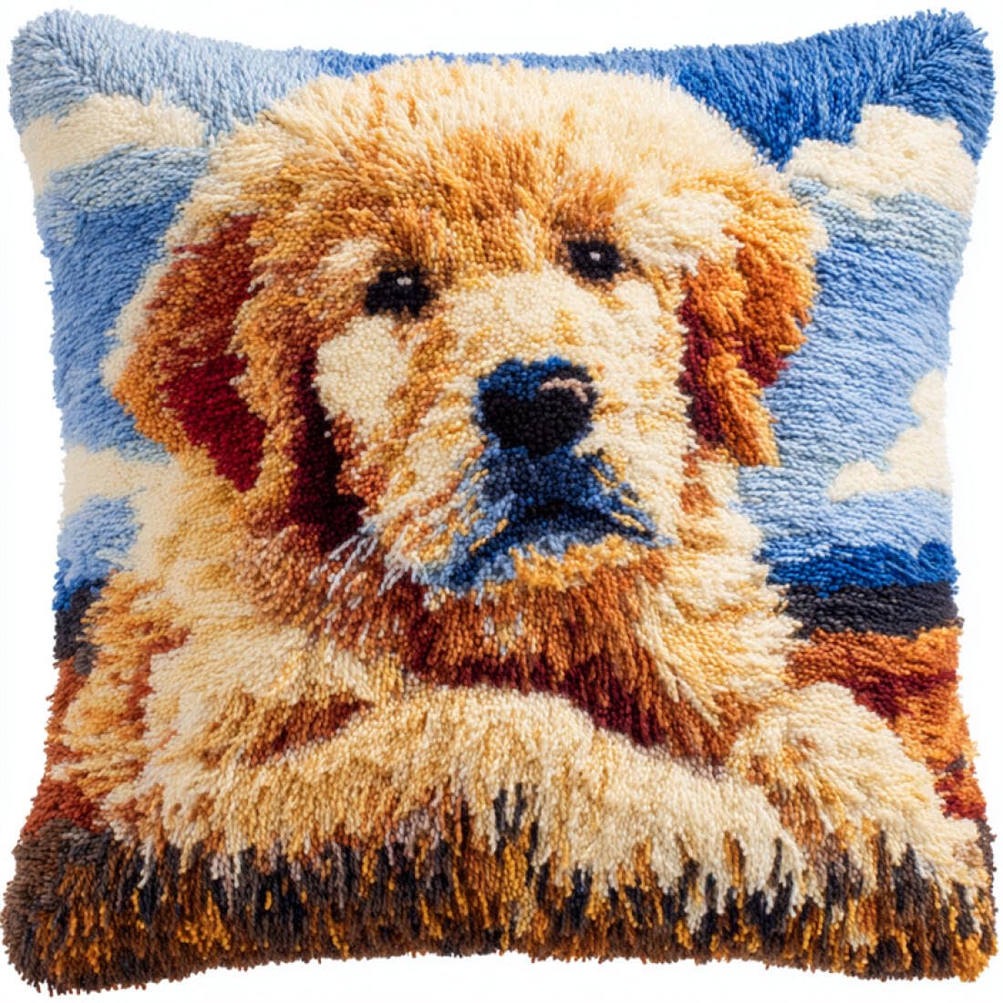 Kitquiver Animal Latch Hook Cushion Craft Kits Cartoon Golden Retriever DIY Latch Hook Kits Pillow Needlepoint Cushion Kit for Home Décor Needlework Set for Adult Beginners 17x17In