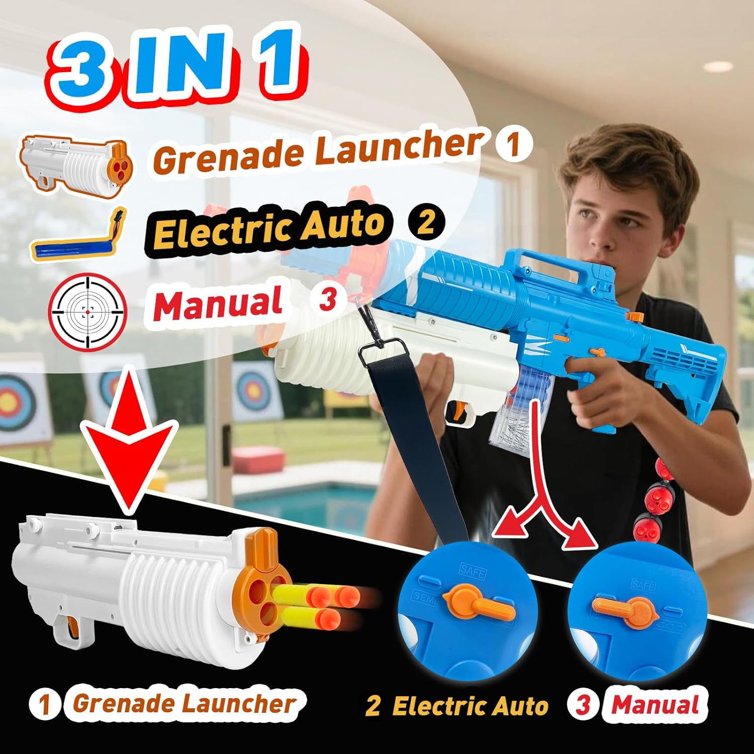 Toy Gun Shell Ejecting Electric Soft Bullet M16 Models Foam Blasters with Grenade Launcher & 3 Grenade Bullets Auto/Manual Modes Indoor Outdoor Play for 8-14+ Years Boys Girls Adults