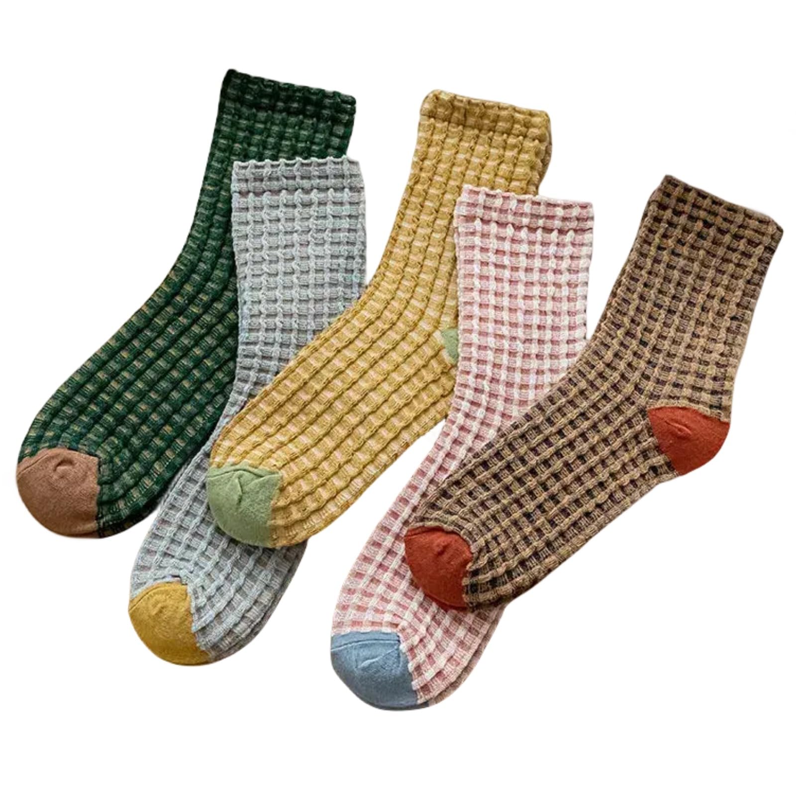 LacknickCalf Socks 5 Pairs for Women 5-10 Cute Casual Chic Trendy Retro Soft Vintage Daily Thin Grid Cotton Novelty