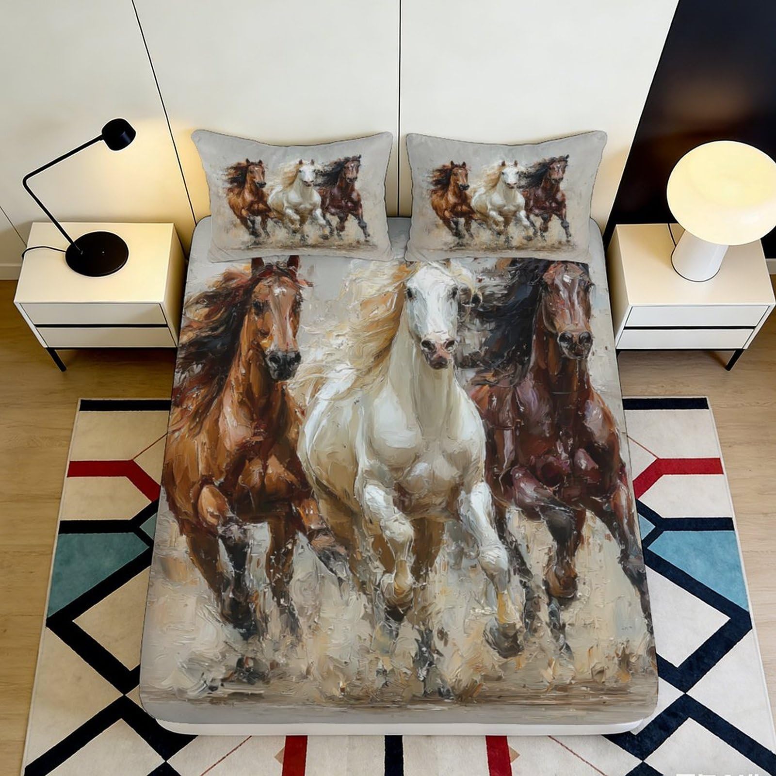 3D Printed Horses Pattern Fitted Sheet Microfiber Deep Pocket Non-Slip Bedroom Bedding Horse Mattress Fitted Cover Adults Teens 140x200x25cm