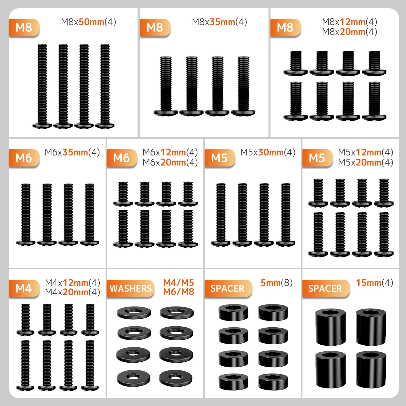 Universal TV Mounting Screw Kit fits Most up to 80'' Screens – M4 M5 M6 M8 Bolts with Washers & Spacers – Fits VESA Standard Wall Mount Brackets, Black — view 2