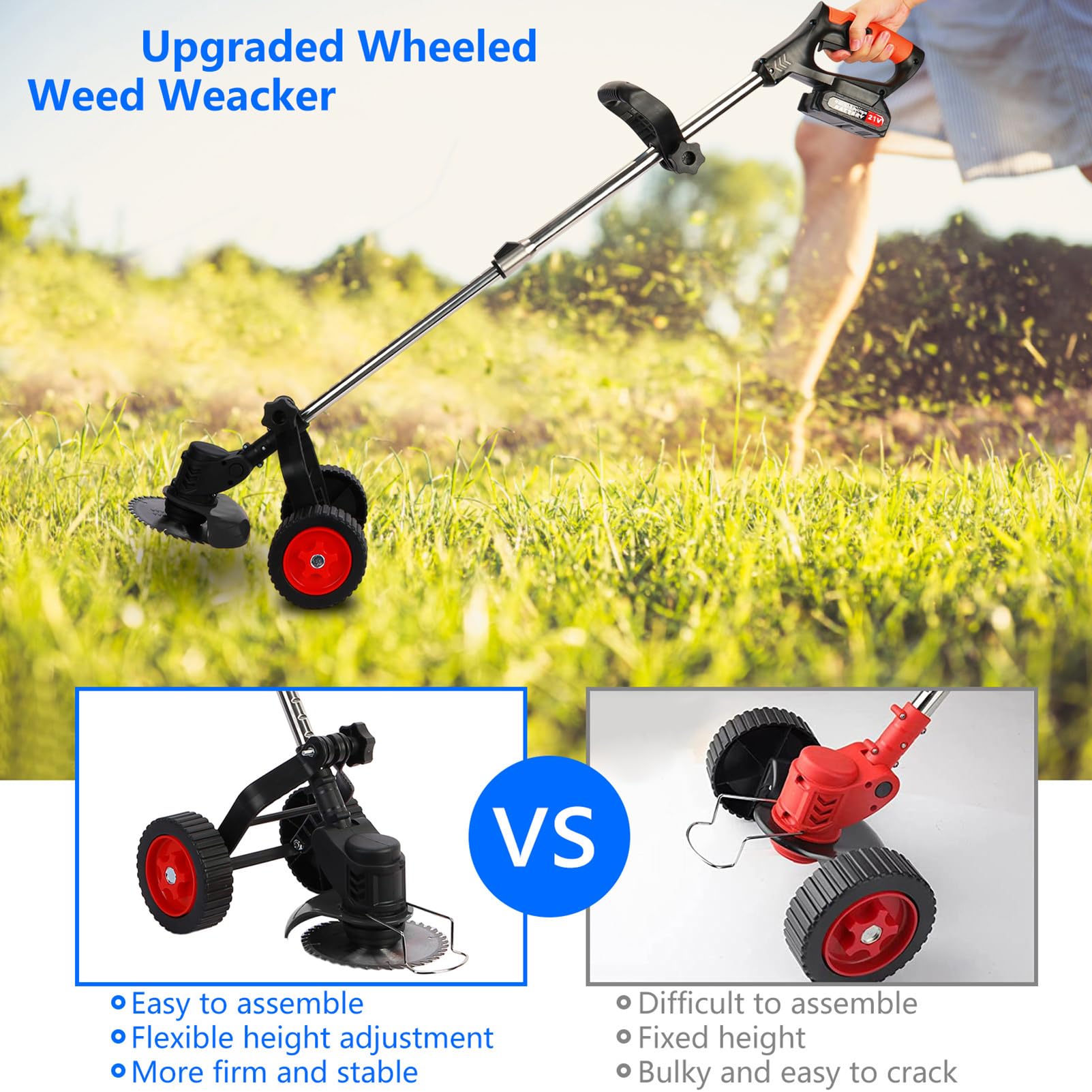 Desbrozadora de césped con batería, 12 V, 18000 R/min, 450 W, cortador de malas hierbas con 2 baterías de 2000 mAh y 1 cargador, desbrozadora con 5 cuchillas de plástico, 2 cuchillas de