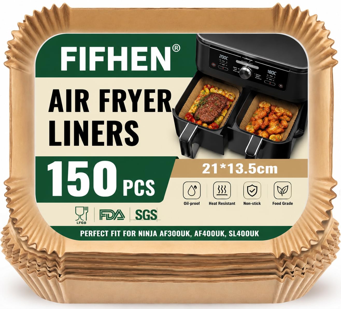 150PC Air Fryer Liners for Ninja Dual, FIFHEN Parchment Paper Air Fryer Liners Disposable, Air Fryer AF300UK AF400UK SL400UK Accessories Compatible with Ninja, Keplin, Tower, Other Dual Zone Air Fryer