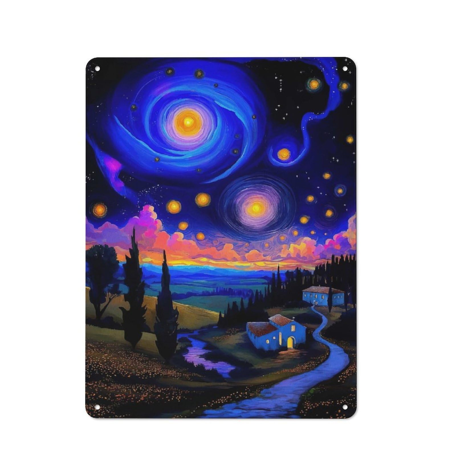 Vintage Retro Metal Sign 40x30cm Featuring Starry Night Landscape, Garage Wall Decor for Garage, Workshop, Shed Or Utility Room