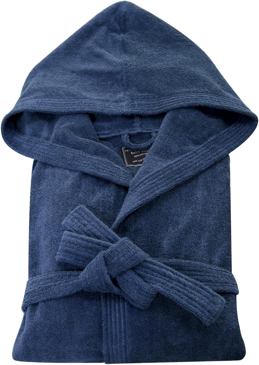 Unisex Hooded Terry Bathrobe-100% Cotton Plush Towel Robe for Men/Women,Adjustable Belt&Fixed Hood,Ankle-Length
