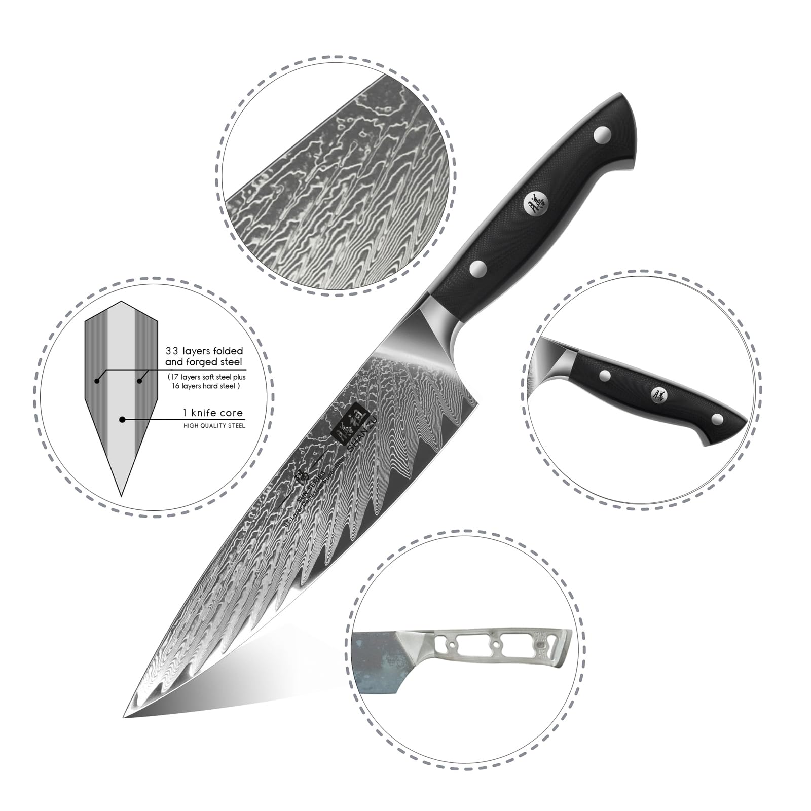 SHAN ZU Couteau de Cuisine Damas 20cm, Couteau de Chef Profesional en Acier Japonais AUS-10 à 67 Couches, Couteau Japonais avec Poignée Ergonomique G10 pour Coupe Viande, Légumes, Fruits